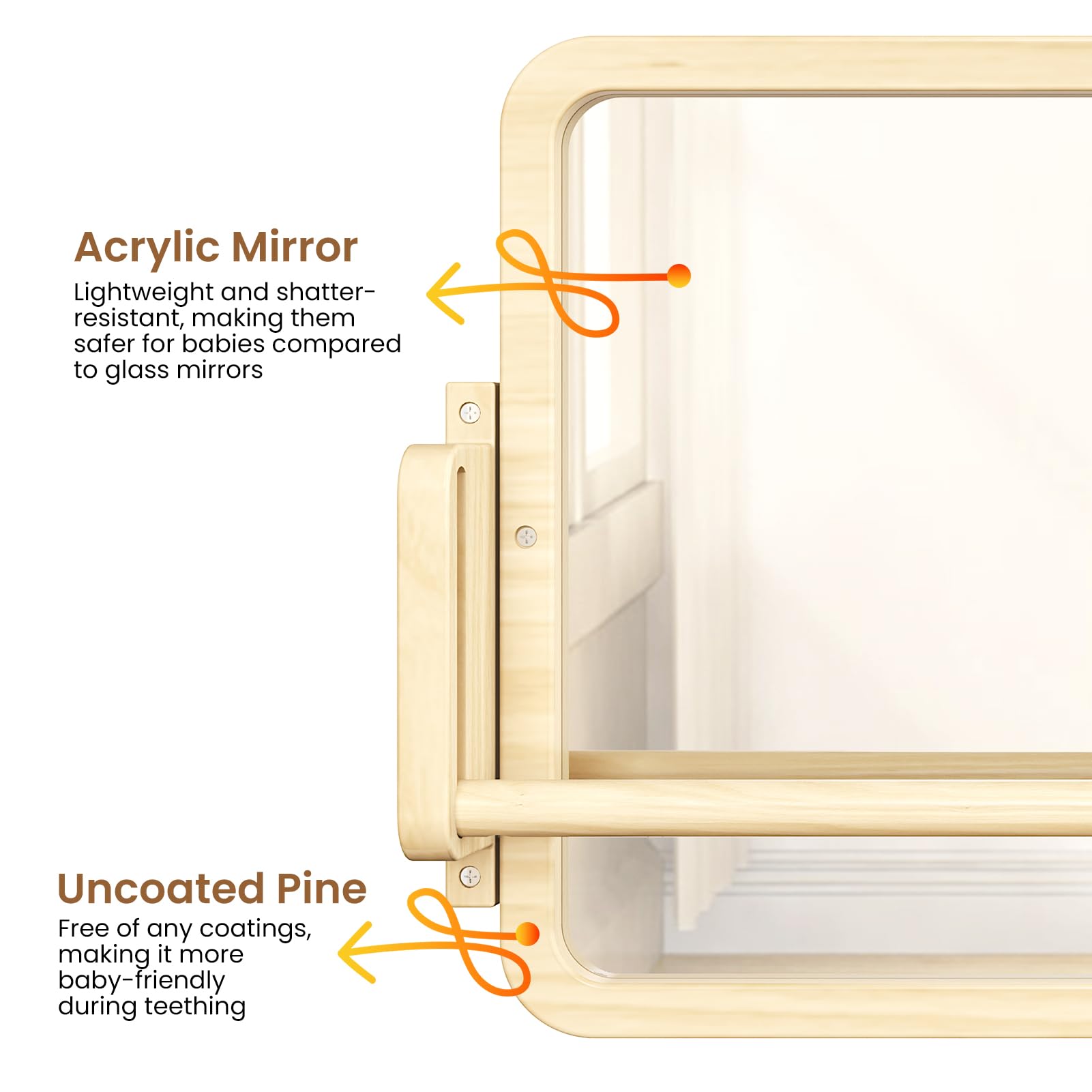 Woodtoe 3-in-1 Montessori Mirror with Bar, Adjustable Toddler Mirror & Pull Up Bar, Montessori Learning Toy for Baby 6-18 Months