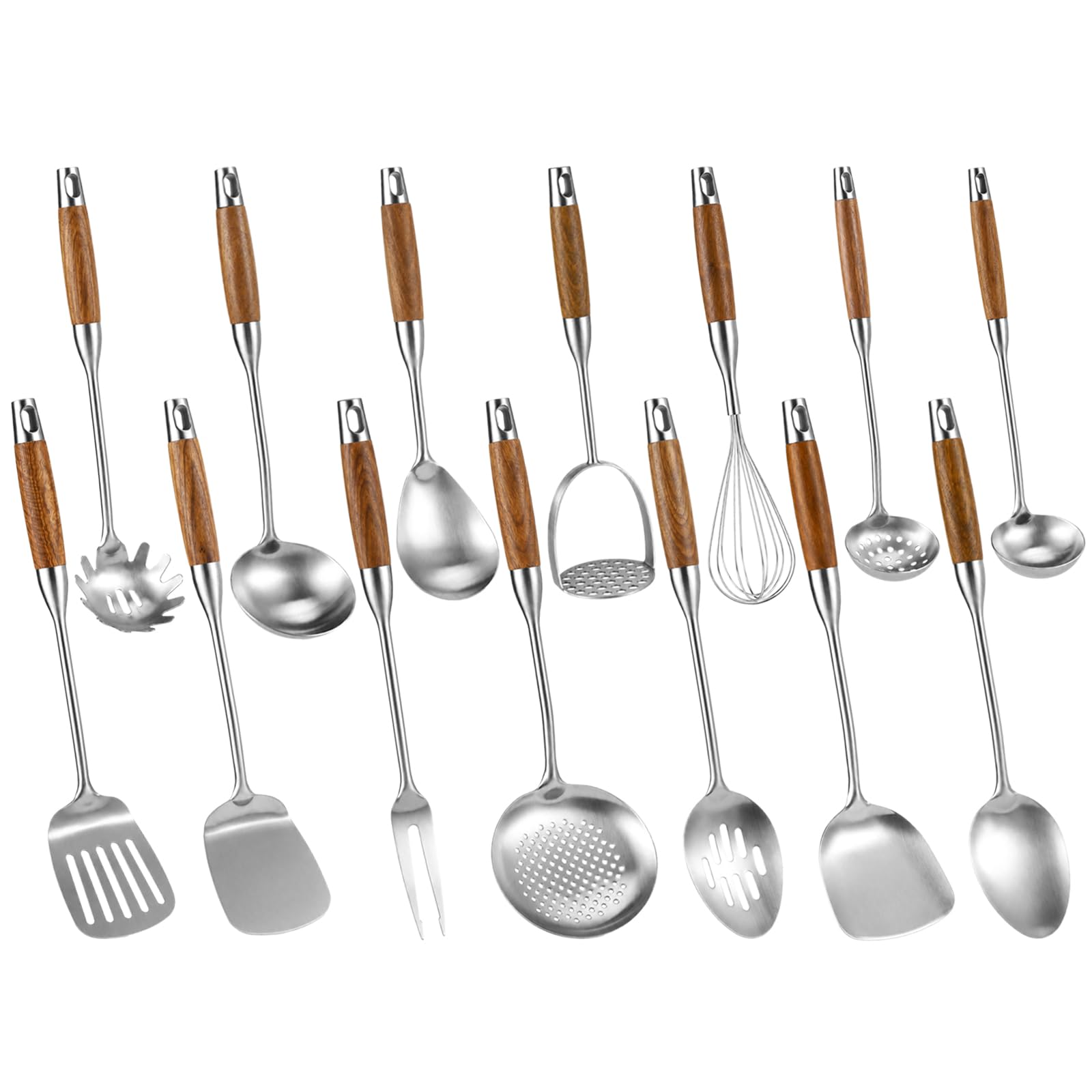 14 Pcs Stainless Steel Kitchen Utensils Set  Wooden Handle Metal Cooking Tools Set with Whisk, Masher, Spatula, Turner, Ladle, 