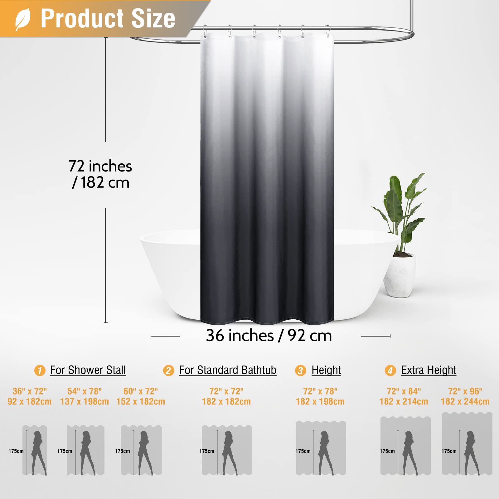 BTTN Stall Fabric Shower Curtain - 36 x 72 Inch Half Ombre Linen Textured Weighted Shower Curtain Set with 6 Metal Hooks  Narrow RV Simple Neutral Walkin Cloth Shower Curtains for Bathroom- Grey/Gray