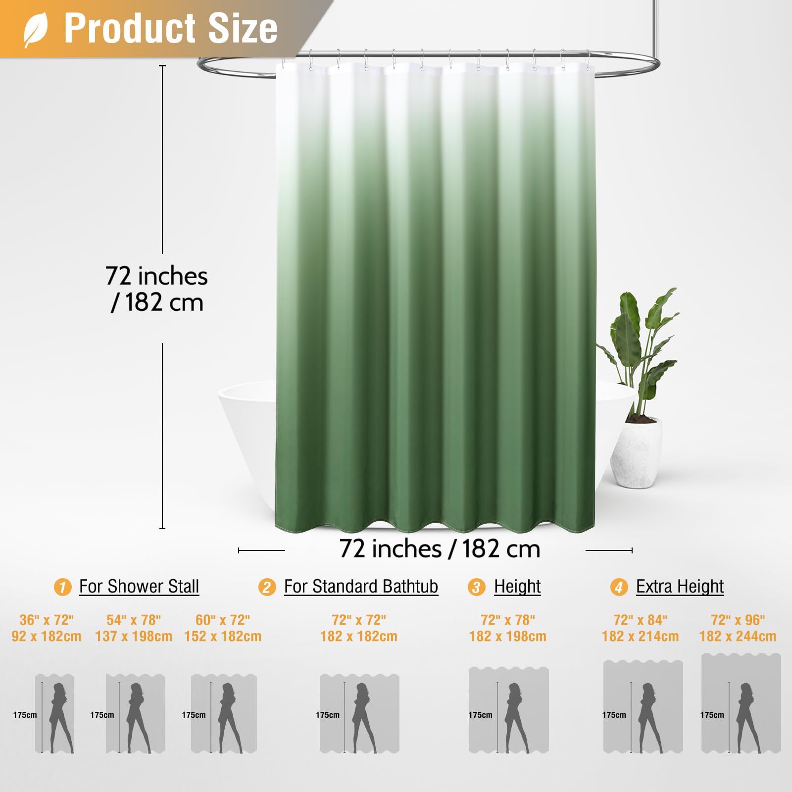 BTTN Sage Green Shower Curtain - Ombre Linen Textured Heavy Duty Fabric Shower Curtain Set with Plastic Hooks  Hotel Spa Luxury Neutral Cloth Shower Curtains for Bathroom  Water Repellent - 72x72