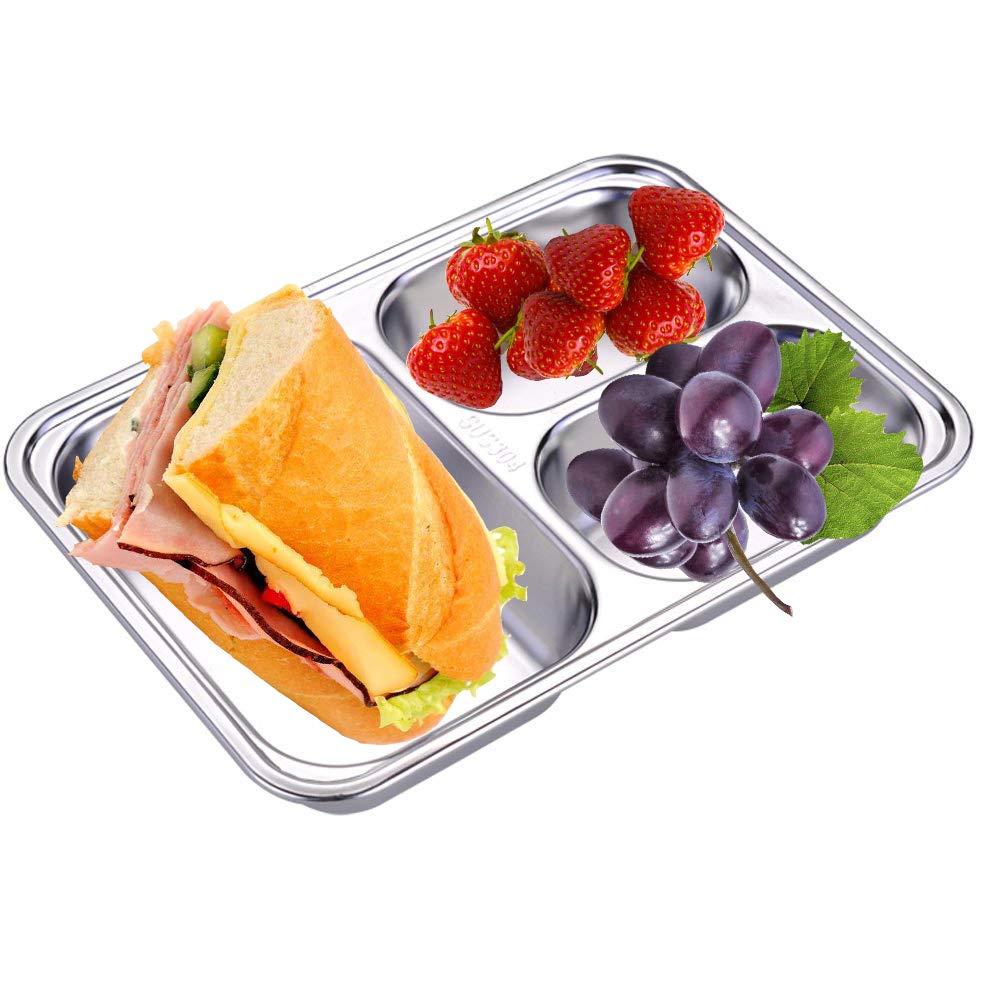 Aiyoo Set Of 2 Stainless Steel Rectangular Divided Plates Tray 3 Sections Dinner Plates For Adults - Unbreakable Metal Plate For