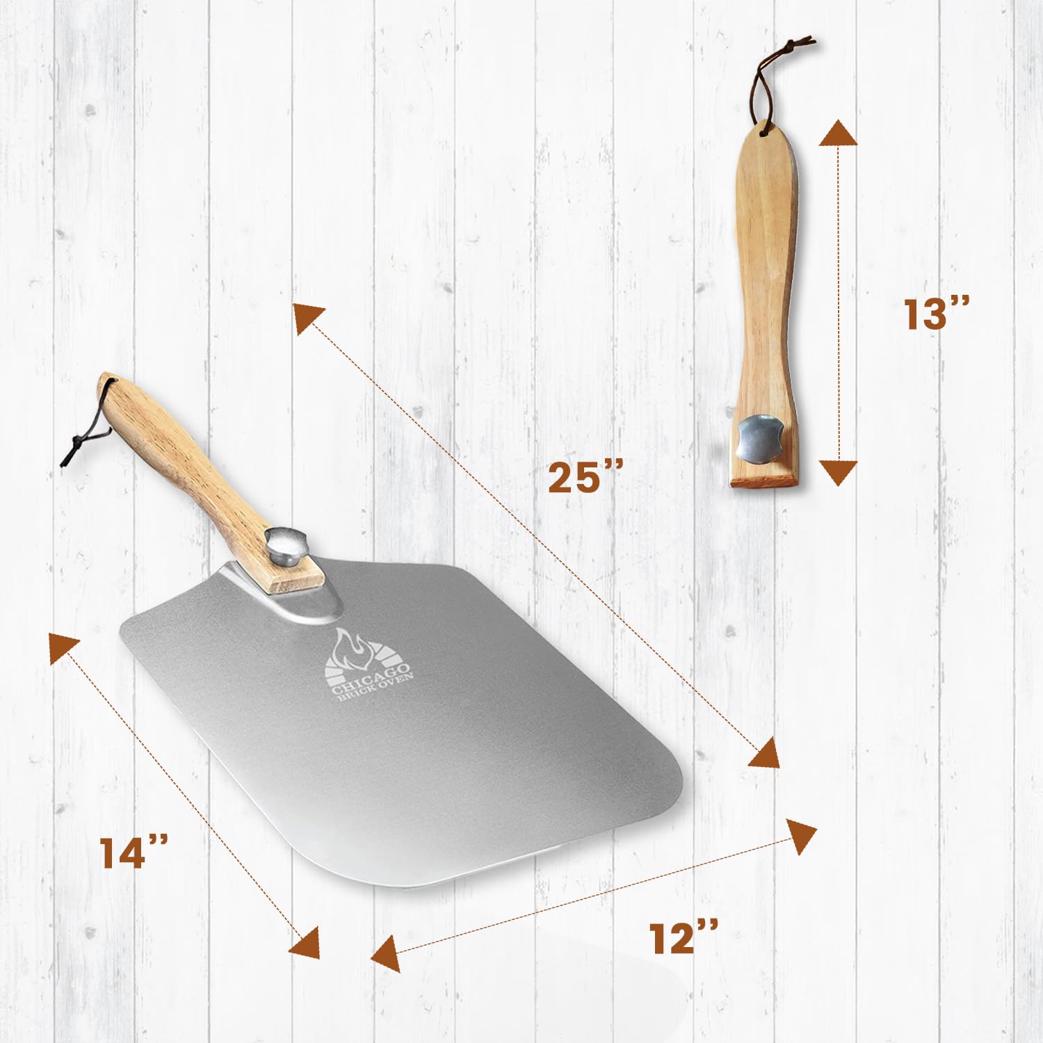 Chicago Brick Oven Aluminum Pizza Peel 12'' X 14'' With Foldable Wooden Handle, 25'' Long Turning Spatula, Pizza Paddle, Pizza S