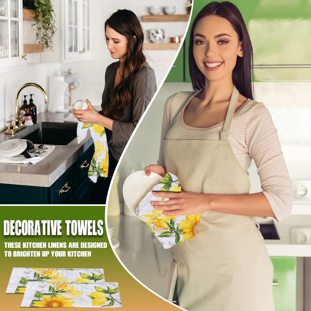 Lobyn Value Packs 4 Pack Absorbent Lightweight Kitchen Dish Towels 15X25 Cotton Poly (Lemon Flowers)