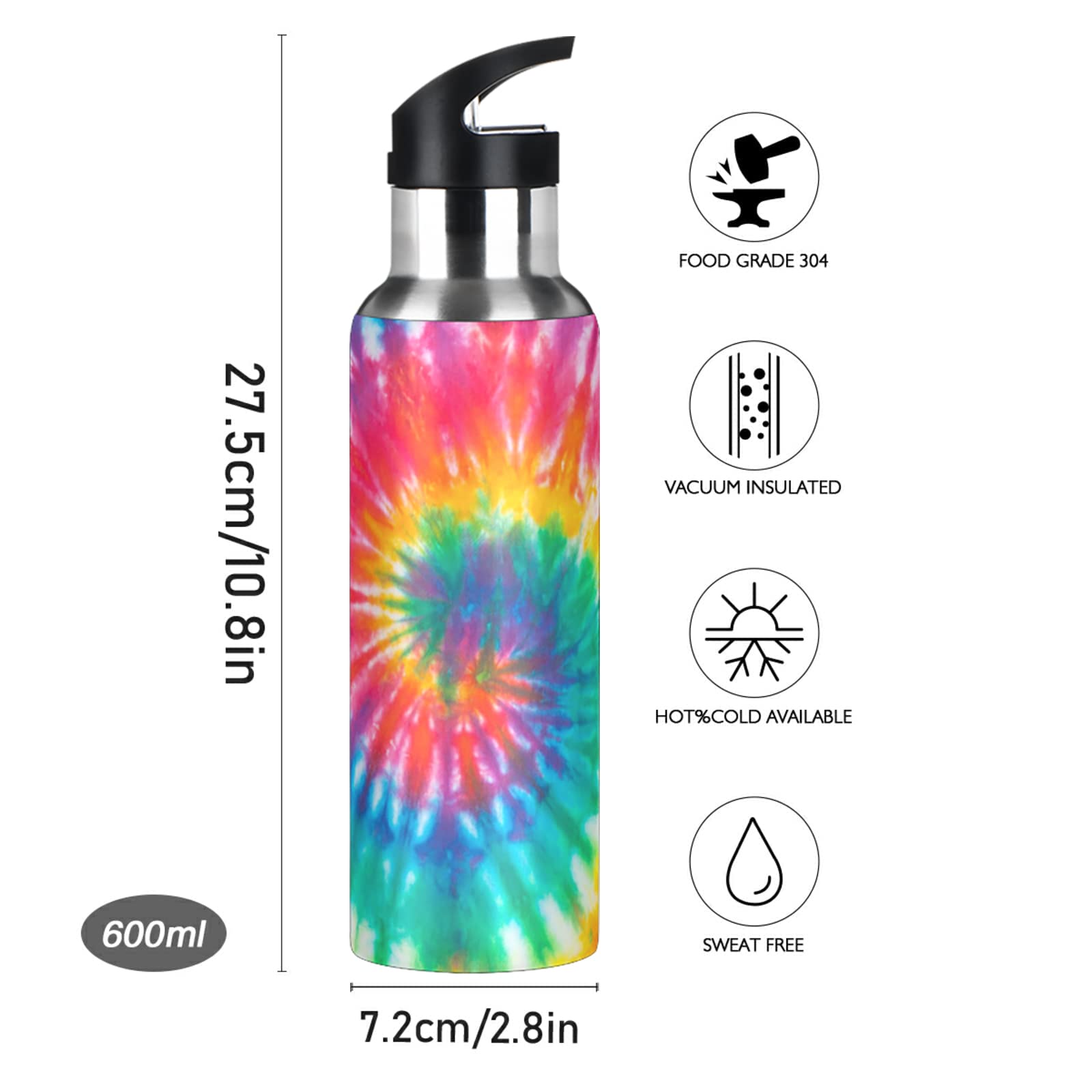 Tie Dye Rainbow Water Bottle Girls Insulated Thermos Kids Women Stainless Steel Hot Cold Water Flask Jug Straw Lid For Sports Gy