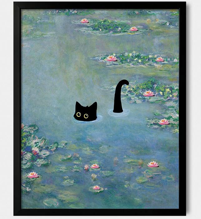 Oulawote Cat Wall Art Monet Prints Vintage Canvas Wall Art Funny Cat In Water Lilies Posters For Room Bedroom Living Room Bathro