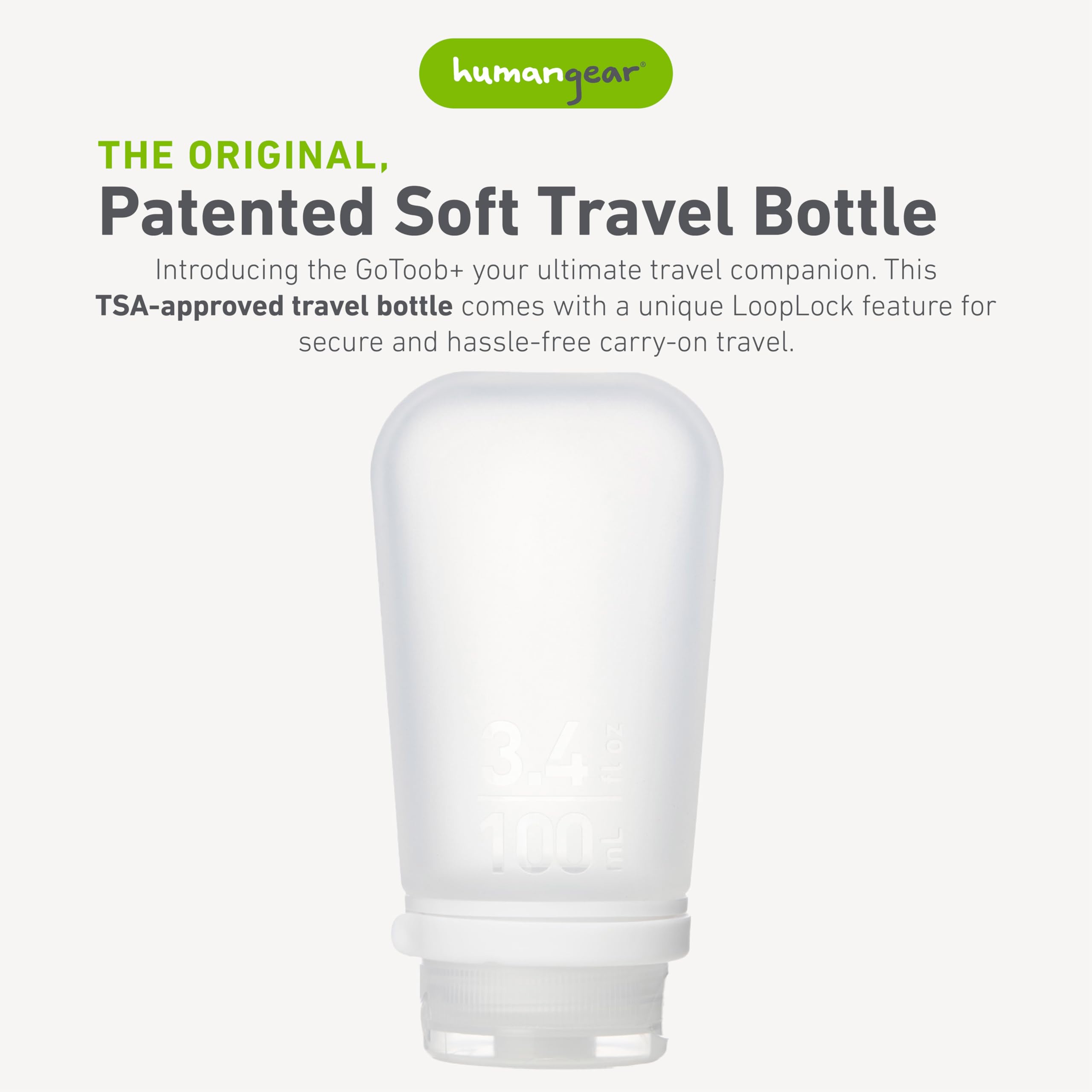 humangear GoToob+ (Large) | Refillable Silicone Travel Bottle | Locking Lid | Food-Safe Material | Clear, Large (3.4 fl.oz.; 100
