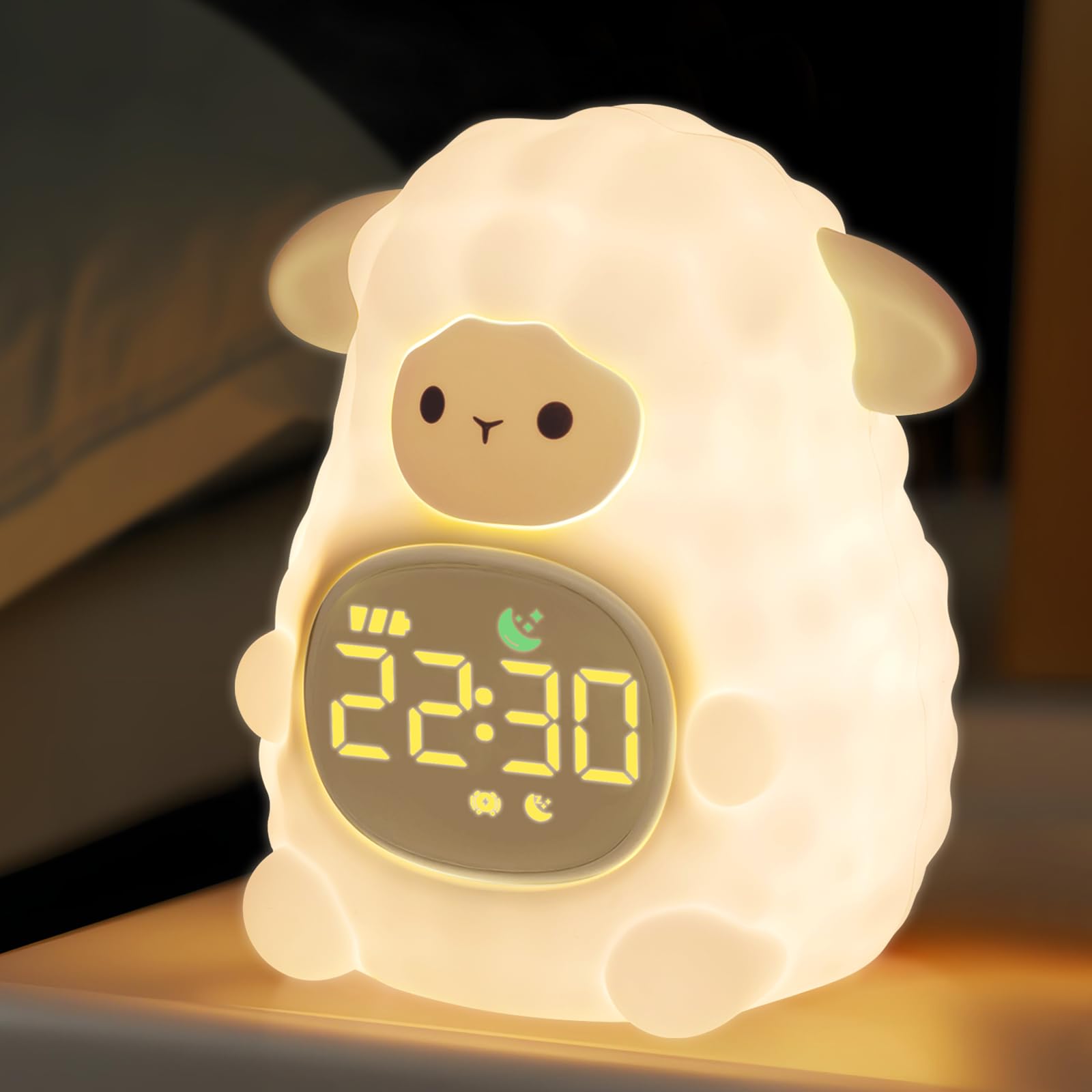 Sheep Alarm Clock with Night Light for Kids with Sleep Training and Sound Machine, Rechargeable Silicone Lamp OK to Wake Clock,C