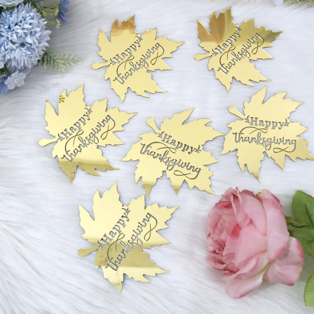 Ruscalin 12pcs Happy Acrylic Thanksgiving Cake Topper Fall Party Decorations Happy Friendsgiving Sign Cake Topper Maple Leaves (