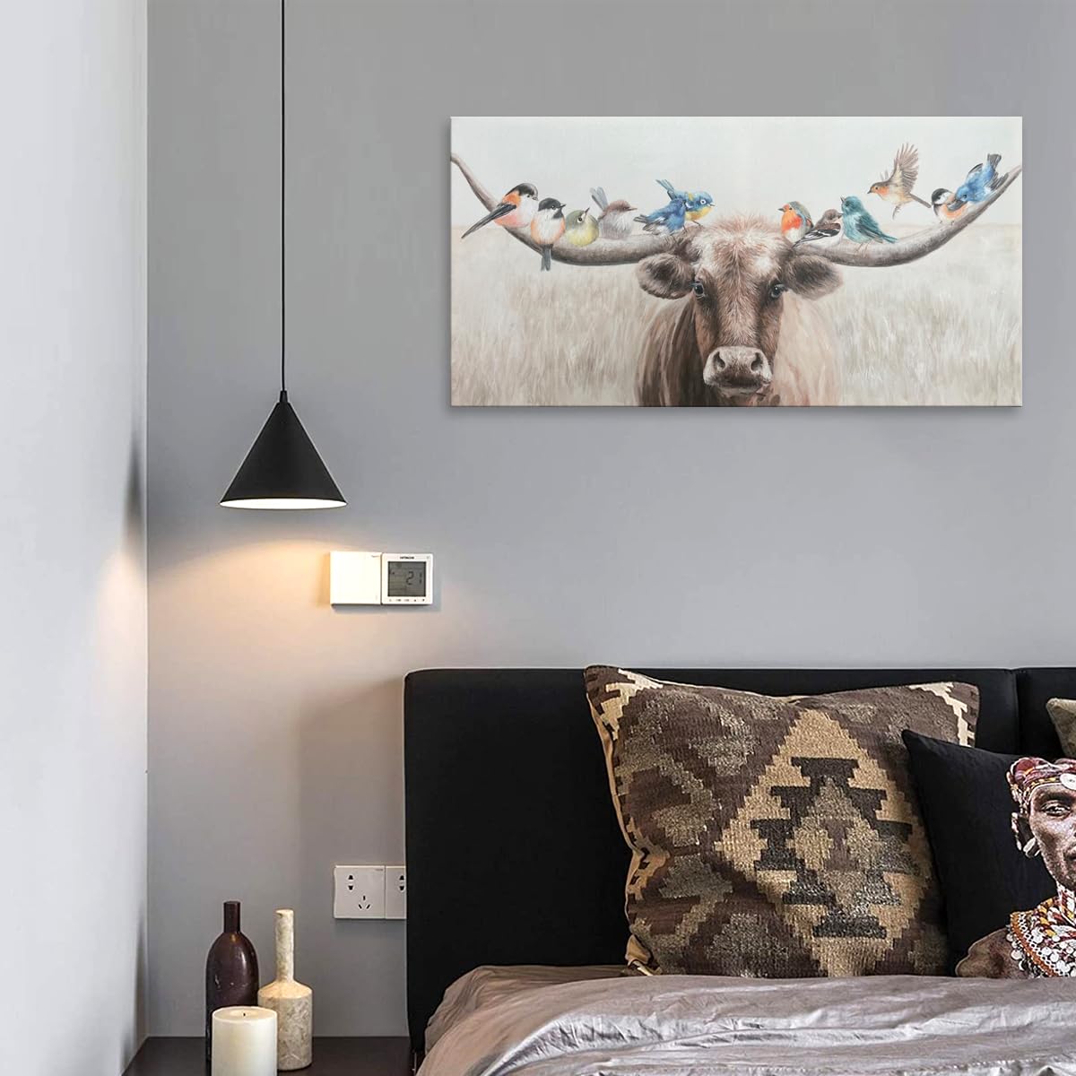 Yelash Living Room Wall Art Longhorn Cow With Birds Farm Canvas Painting For Brown Rustic Country Bathroom Decor 40 X 20