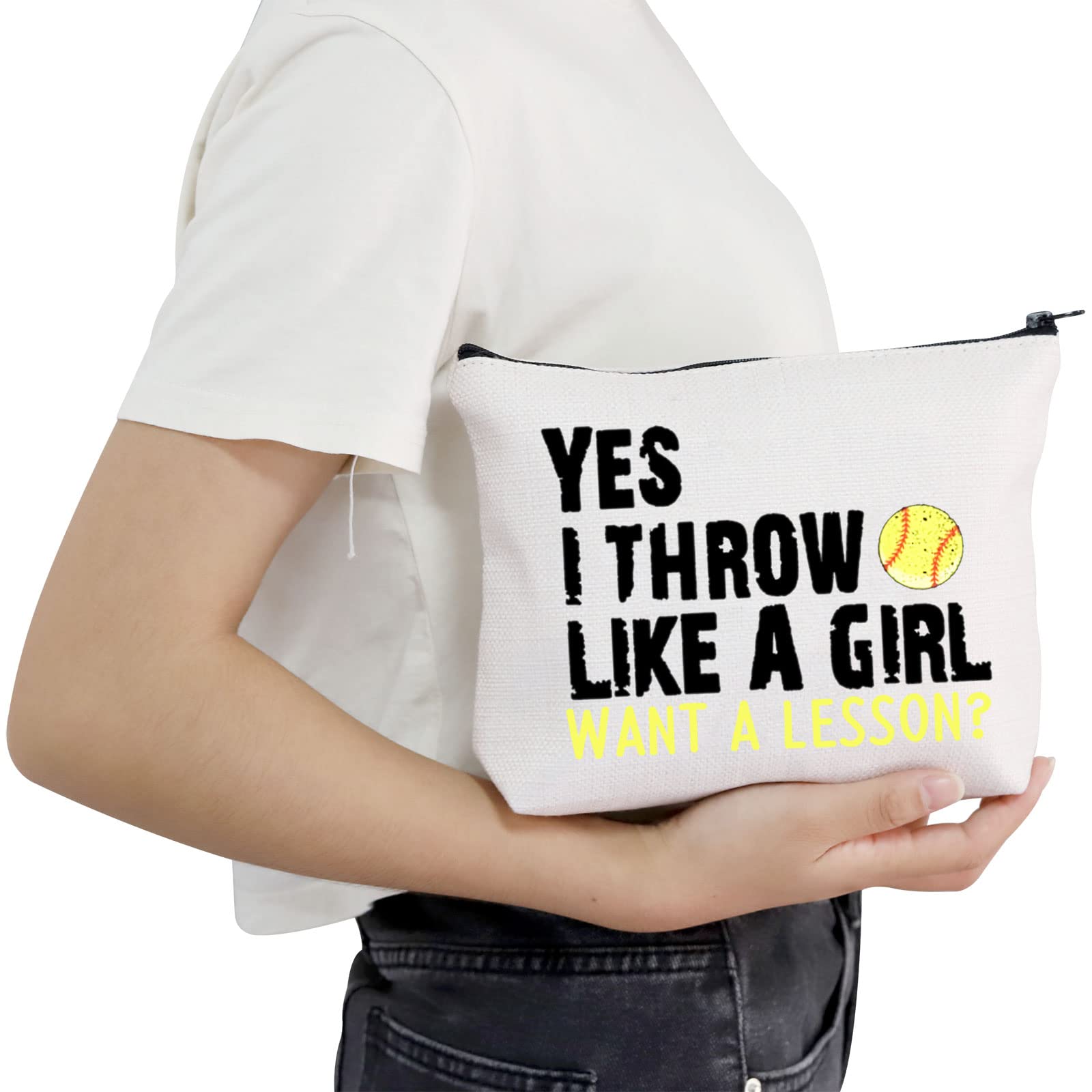Pofull Softball Player Gift Softball Team Gift Yes I Throw Like A Want A Lesson Softball Cosmetic Bag (I Throw Like A Girl Want