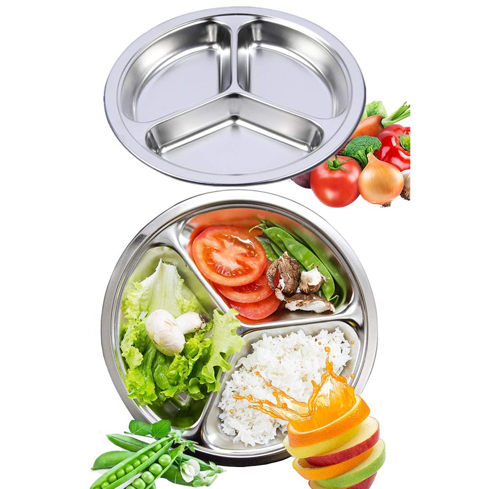 Aiyoo Round Divided Plates 2 Pack 304 Stainless Steel Mess Trays 9.5 Inch 3 Sections Portion Control Plate For Camping, Lunch An