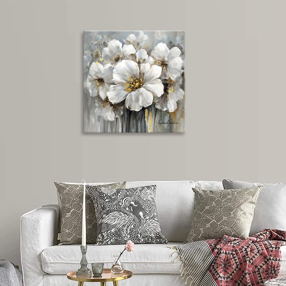 Flower Picture Decor Wall Art Abstract White And Grey Blooming Floral With Gold For Bedroom Living Room Walls Decoration Canvas