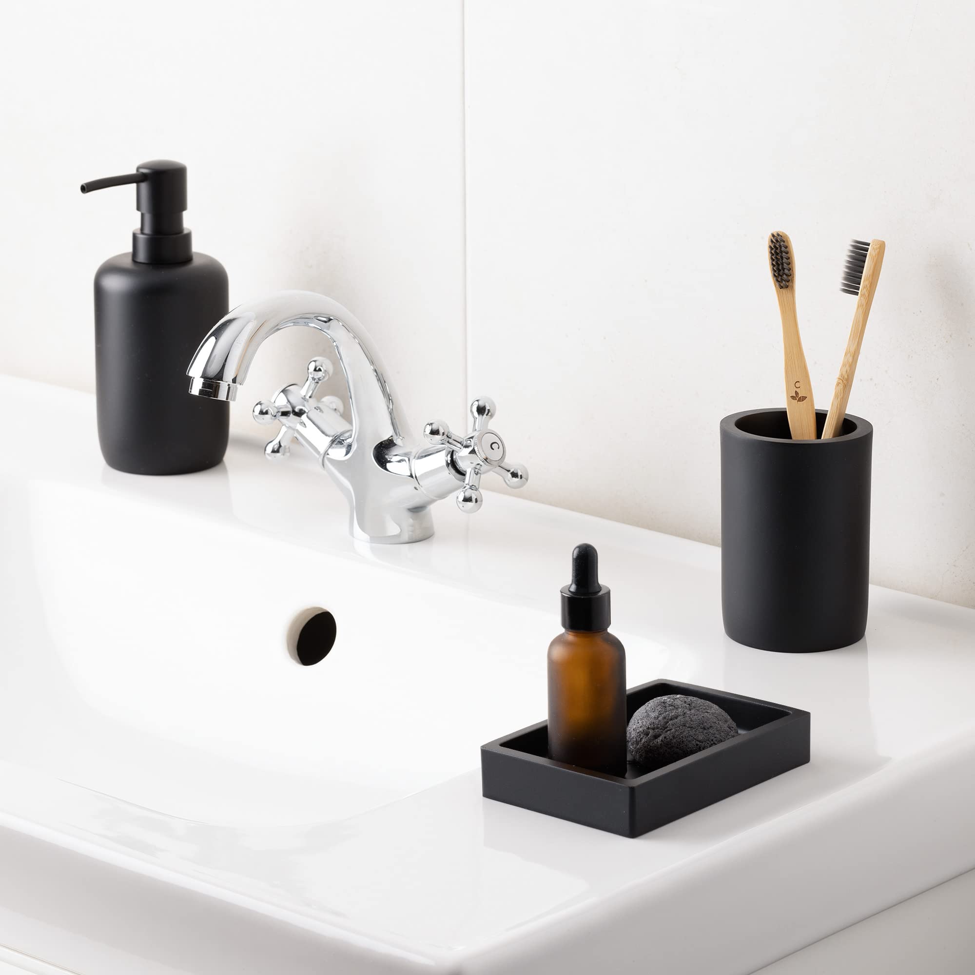 Navaris Decorative Bathroom Accessories Set - 3-Piece Bath Accessory Kit with Toothbrush HolderLiquid Soap DispenserSoap Dish Tray - Polyresin