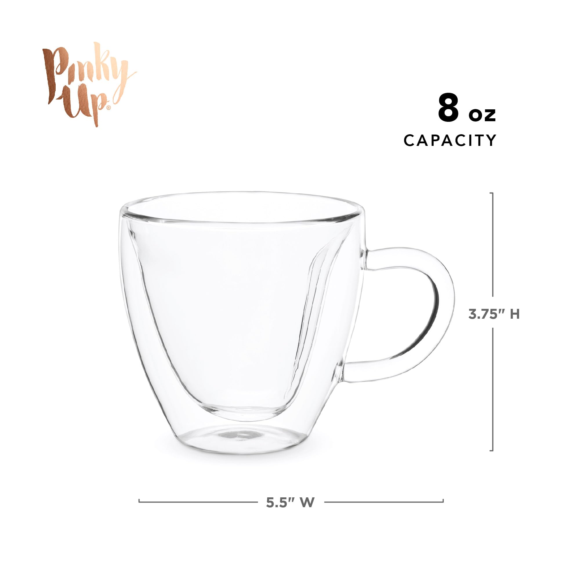 Pinky Up Kendall Heart Shaped Glass Tea Cups with Handle, Double Walled Coffee Mugs, Drinking Glasses for Hot Chocolate Milk, La