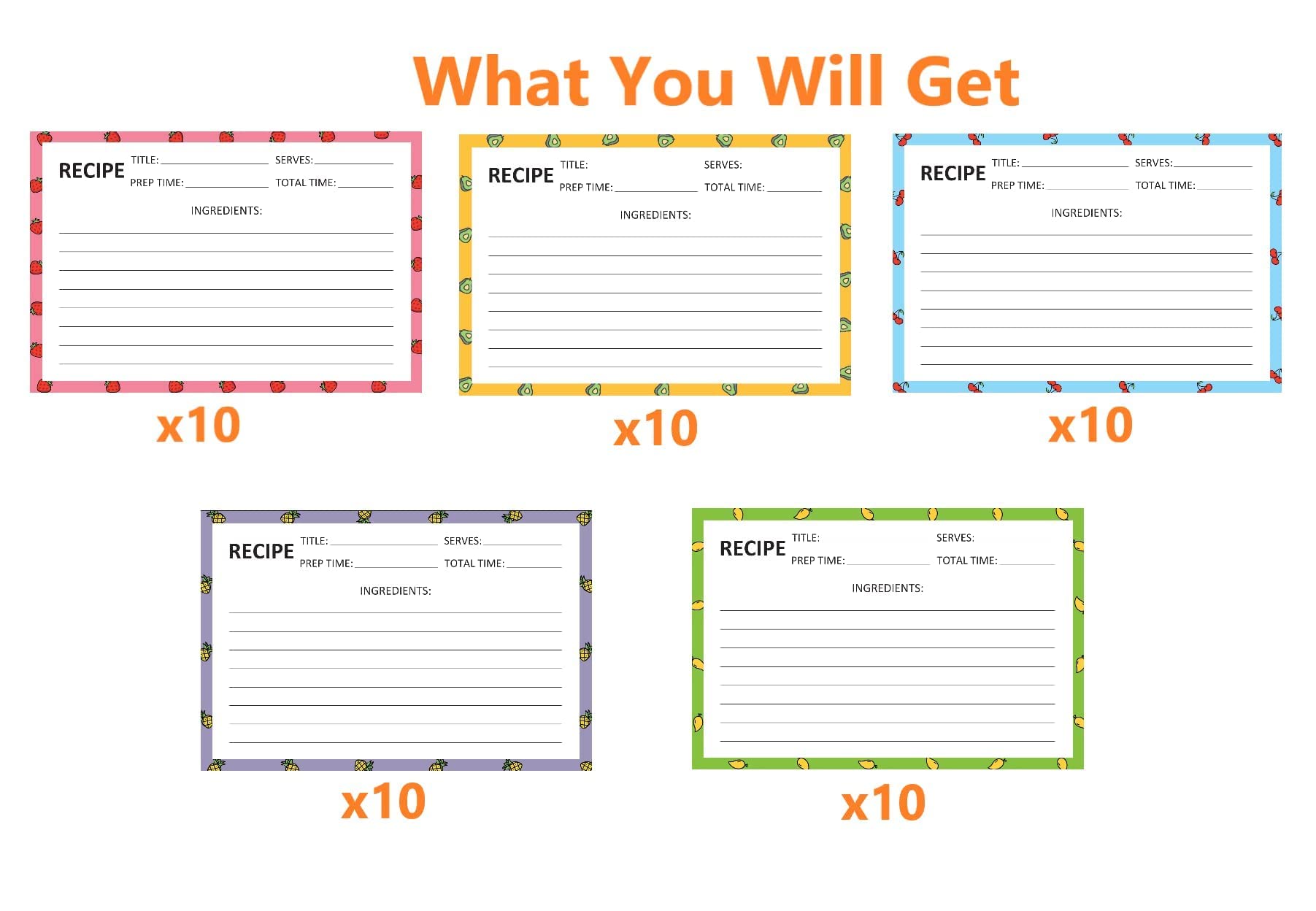 Recipe Cards 50 Pcs 4X6Inch Double Sided Thick Card Stock 5 Fruit Design Fit With Recipe Binder Recipe Box Gift For Bridal Showe