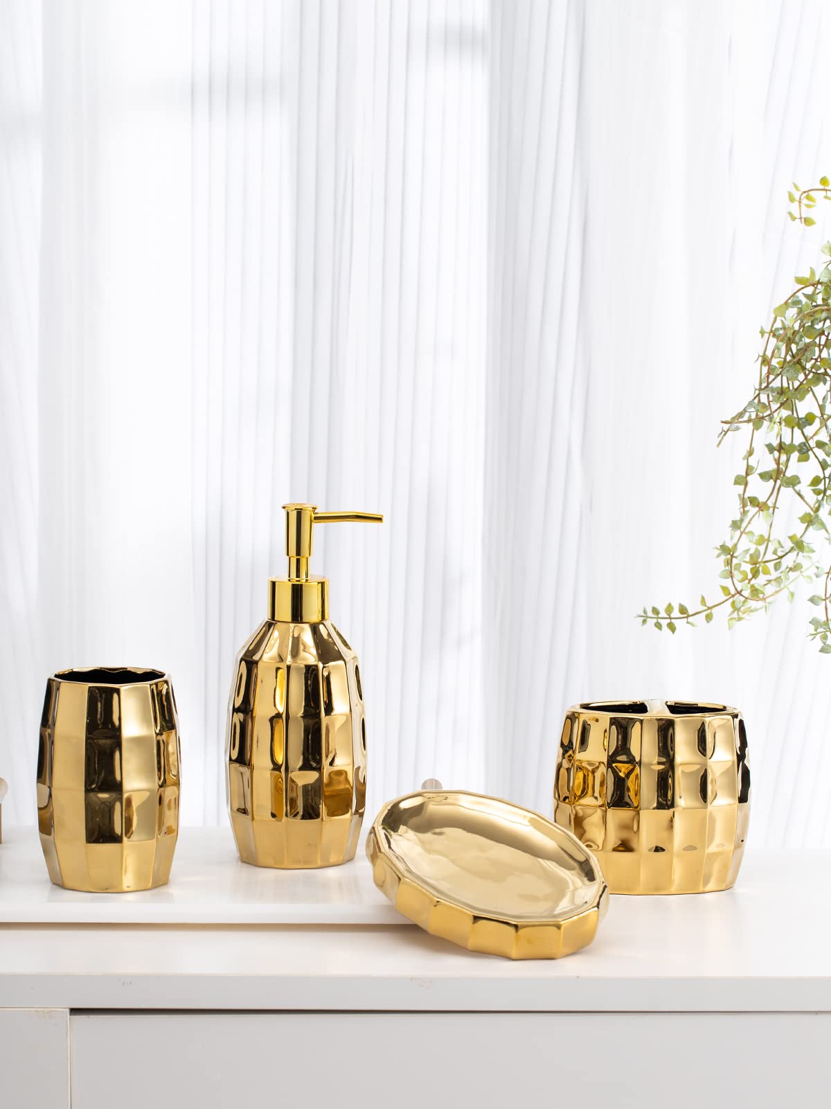 Bathroom Accessories Set, Golden Mosaic Ceramic Bathroom Accessory Sets Include Lotion Dispenser, Toothbrush Holder Tumbler, And