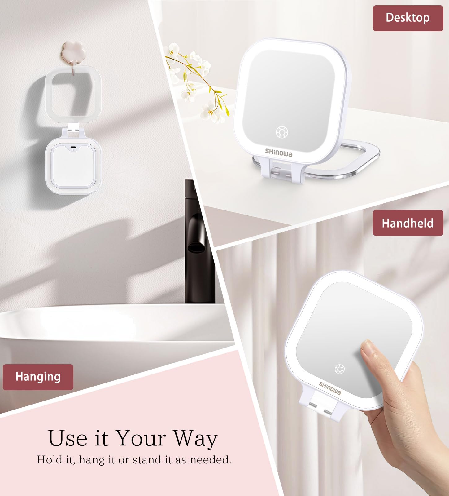 Shinowa Rechargeable Travel Makeup Mirror With 44 Led Lights, 1X/10X Magnifying Vanity Mirror With 3 Color Light, Folding Stand,