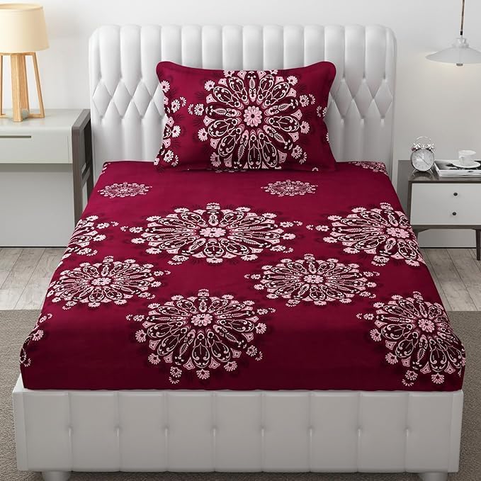 Kawi Single Bedsheet Elastic Fitted 72X48X6 Inches Glace Cotton With 1 Pillow Cover (72X 48Xup To 8 Inche Mattress) Charry Colou