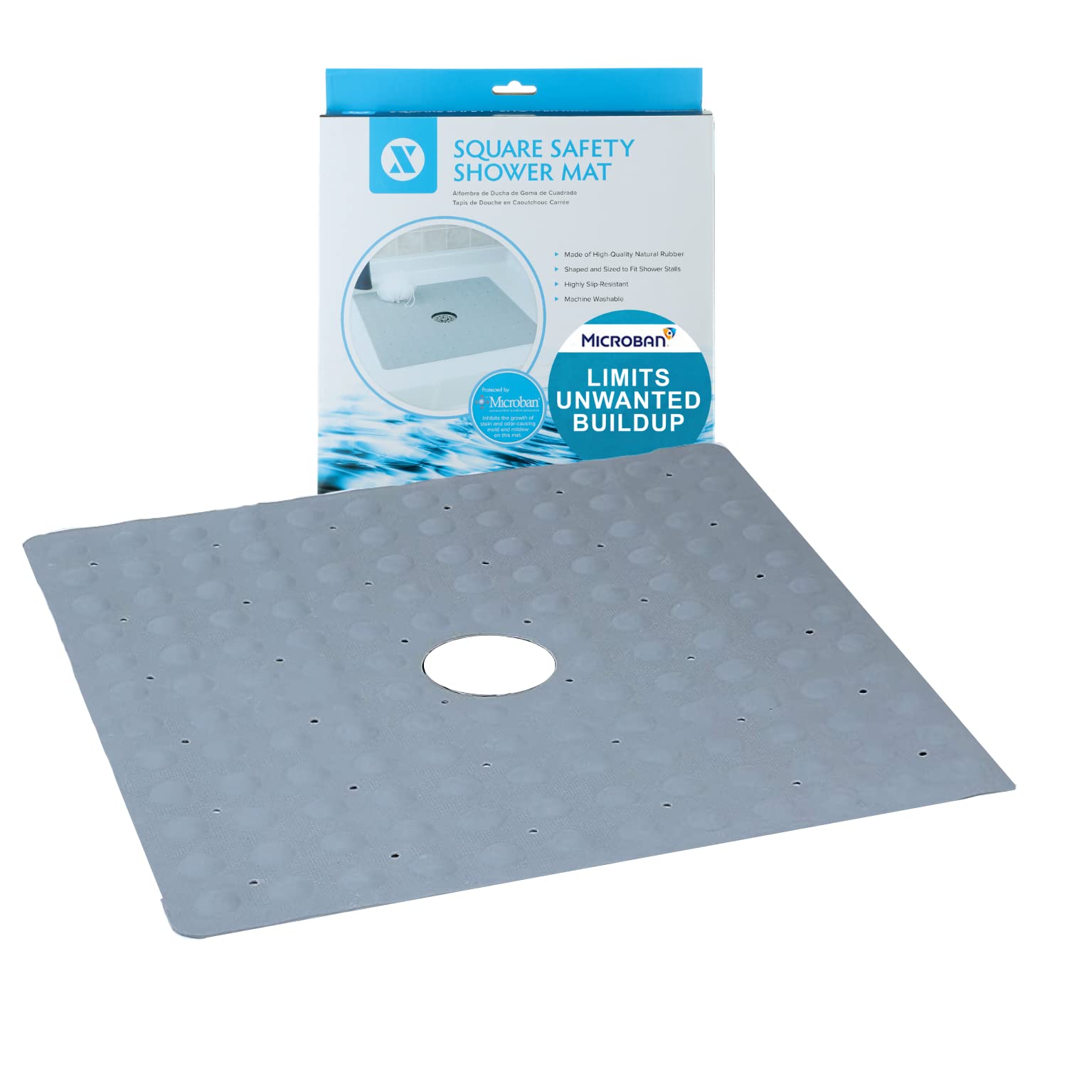 Slipx Solutions Microban-Infused Rubber Shower Mat, 21'' X 21''  Anti-Slip Square Bath Mat W/ 140 Power Grip Suction Cups  Gray