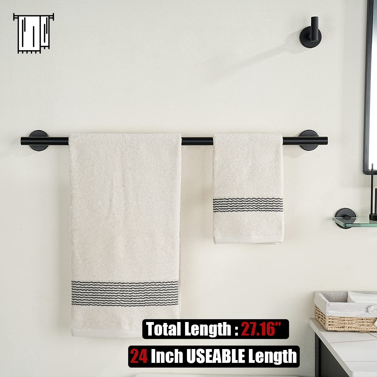 JQK Black Towel Bar  24 Inch 304 Stainless Steel Thicken 0.8mm Towel Rack Bathroom  Towel Holder Matte Black Wall Mount  Total Length 27 Inch  TB110L24-PB