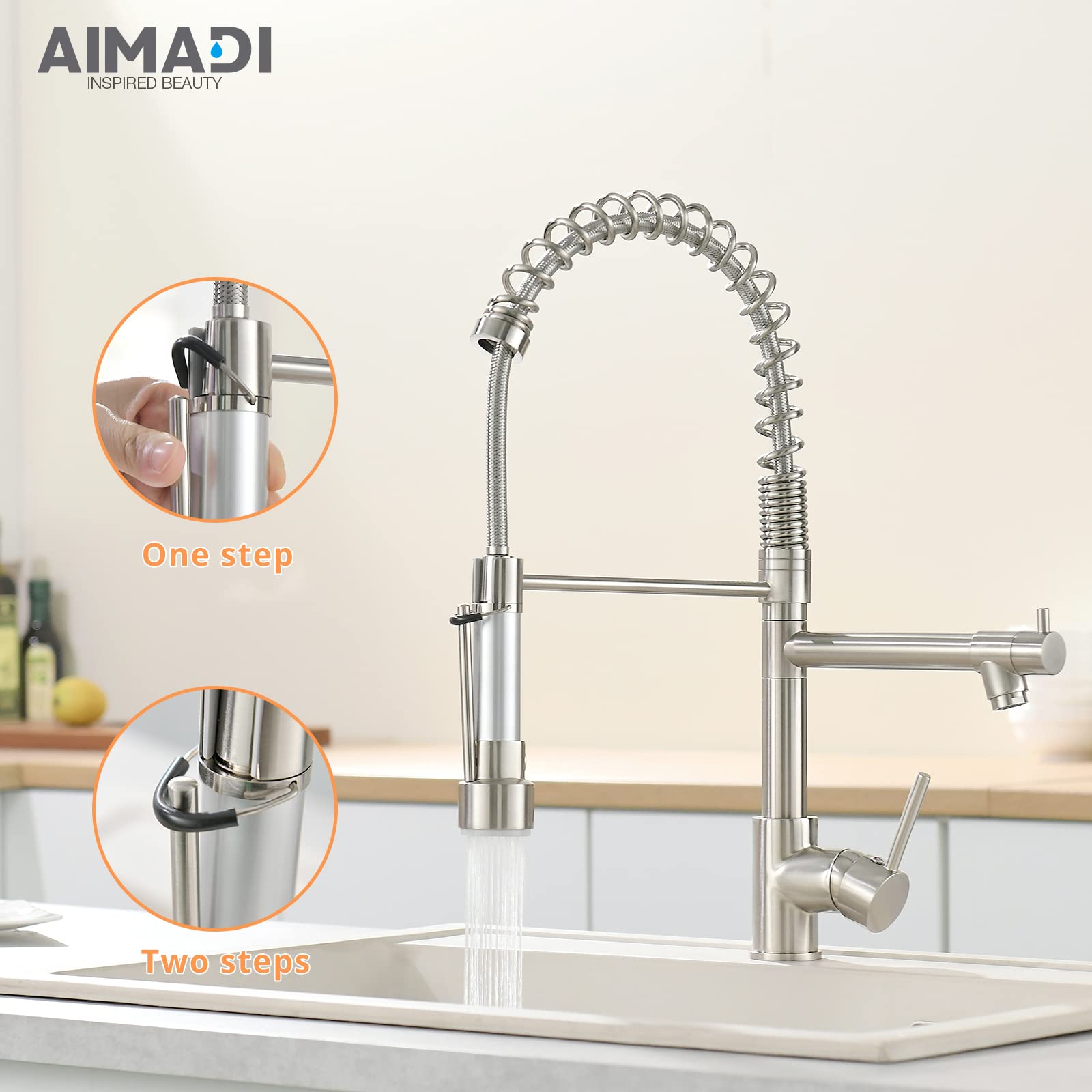 AIMADI Kitchen Faucet with Pull Down Sprayer Commercial Single Handle High Arc Stainless Steel Brushed Nickel Kitchen Sink Faucet