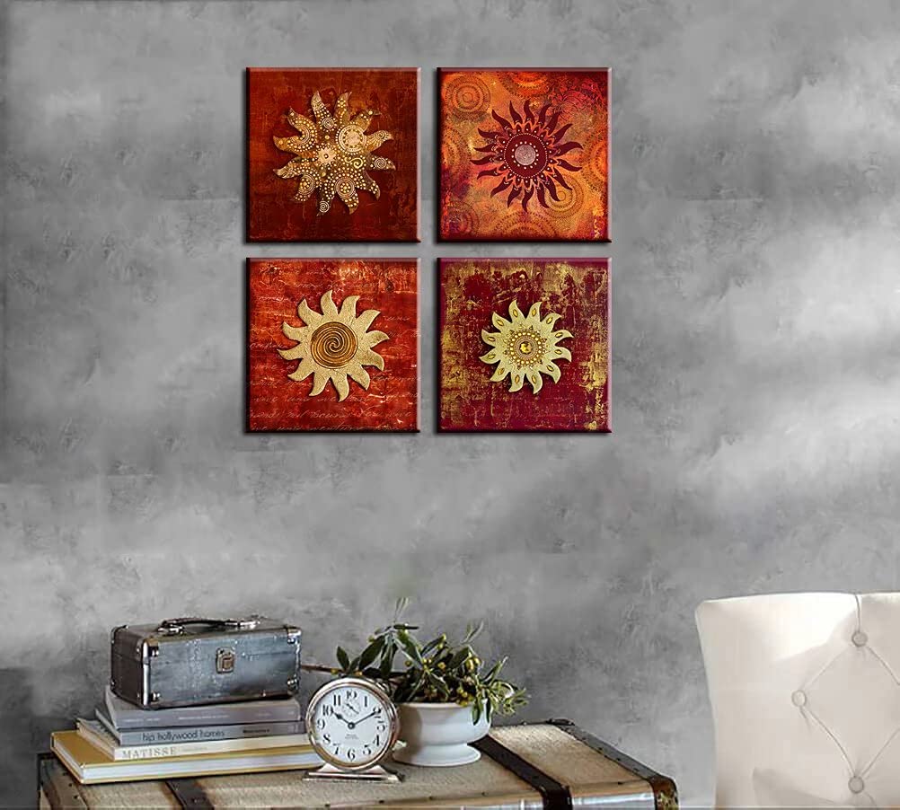 Vintage Flowers Pattern Canvas Prints Wall Art For Bathroom 4 Piece Framed Artwork Abstract Red Sunflower Picture Ready To Hang