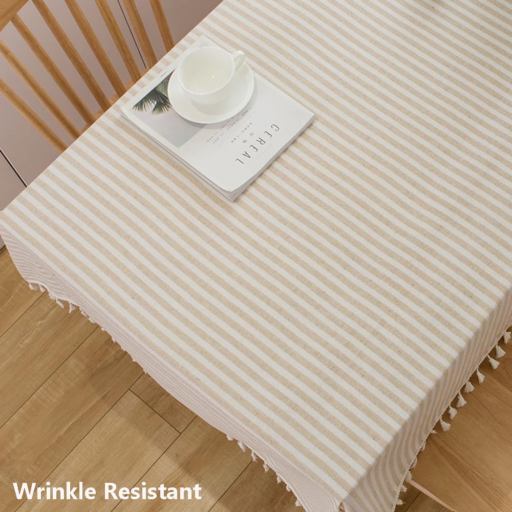 Trudelve Cotton Blend Tablecloth Beige Striped Tablecloth With Tassels Boho Tablecloths For Rectangle Tables (Beige,86''X55'',Re