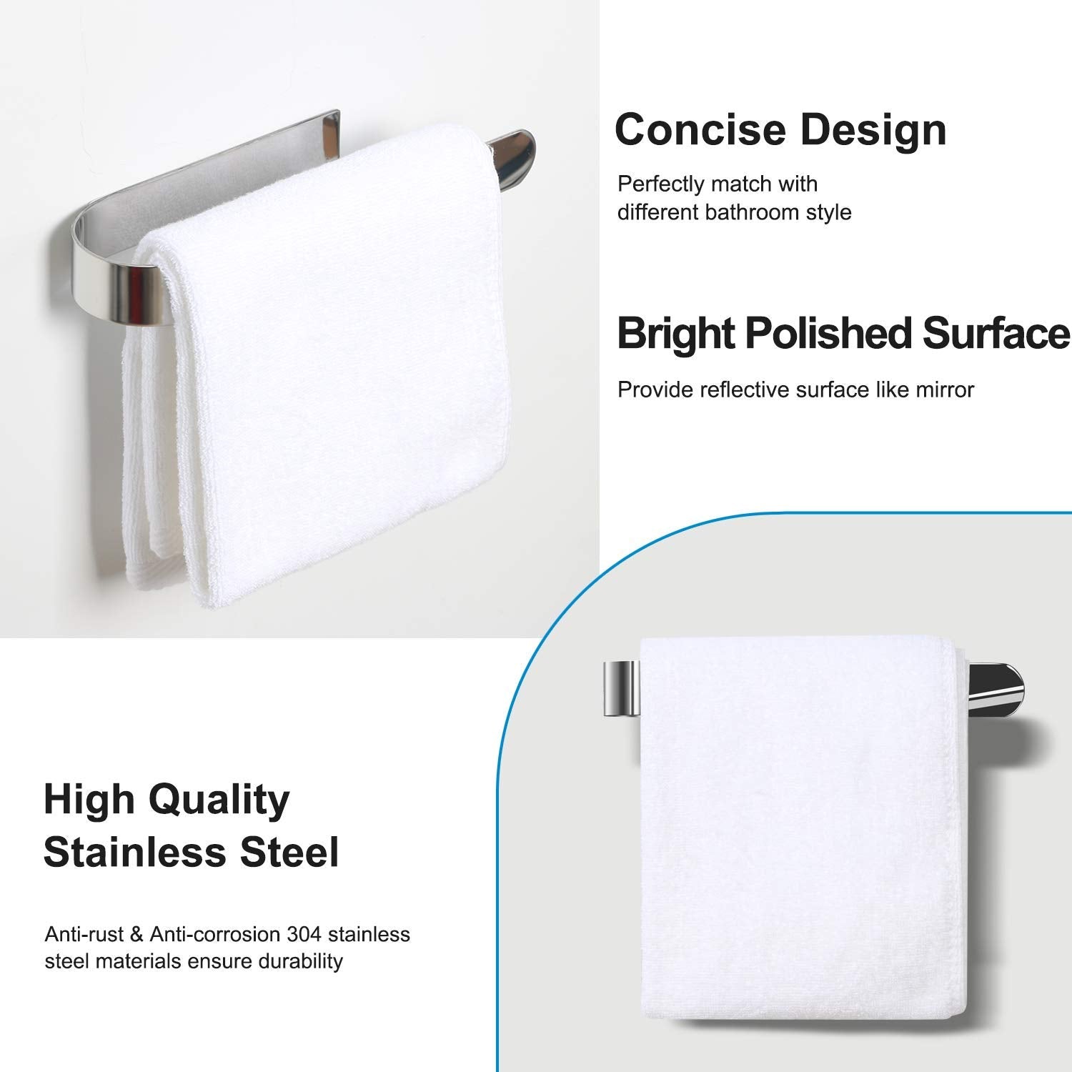 Houseaid Self Adhesive Hand Towel Holder For Bathroom, Stainless Steel Adhesive Towel Bar, No Drilling Modern Hand Towel Hanger,