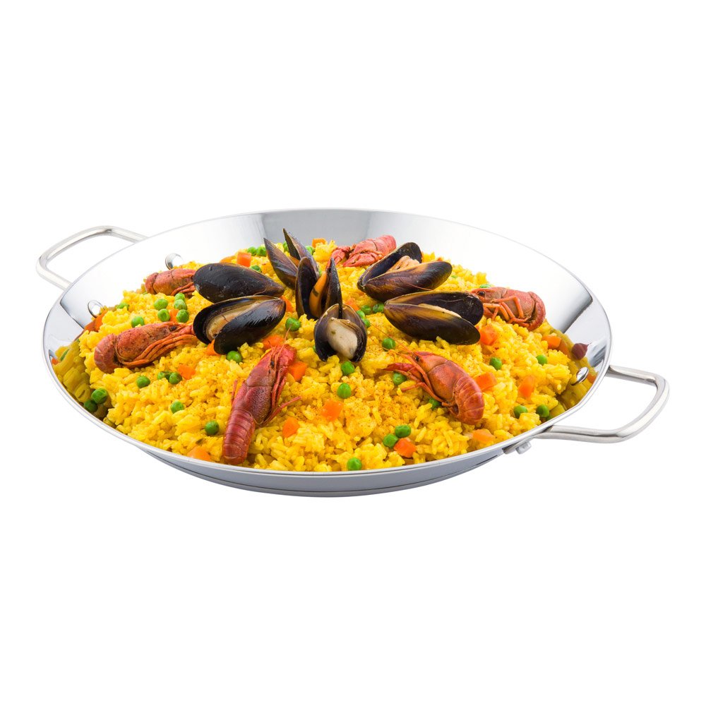 Restaurantware 10 Inch Spanish Paella Pan 1 Induction Ready Paella Pan - Heavy-Duty Riveted Handles Silver Stainless Steel Spani