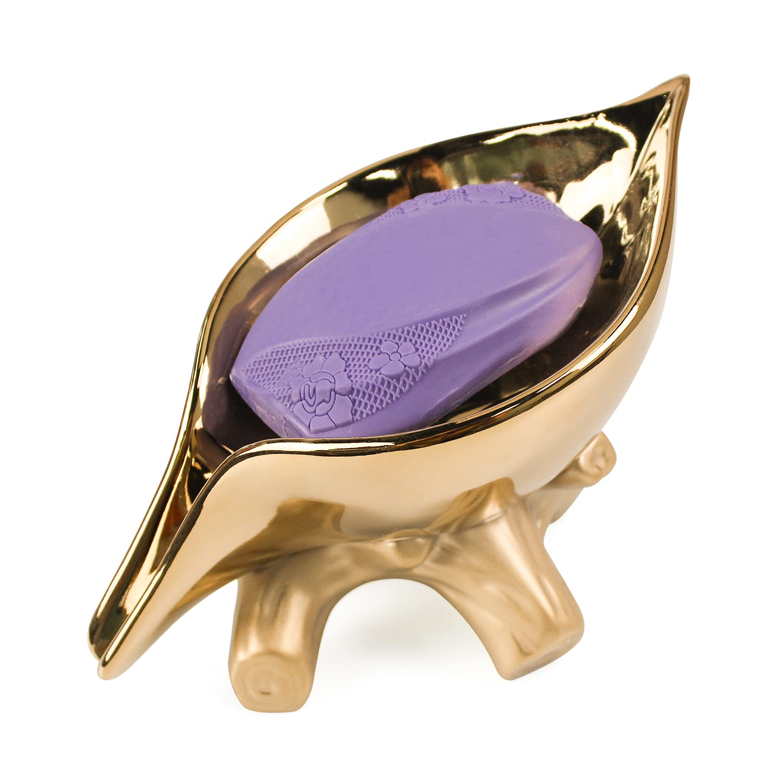 Leaf Soap Dish for Shower Ceramic Soap Holder with Stump Bathroom Ring Dish Holder for Jewelry Engagament Wedding Birthday Gifts Gold