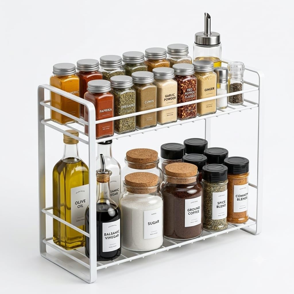 Btc 2Tier Spice Rack, 33X13X28 Cm, Iron Counter Top Rack Organiser, White For Kitchen Storage