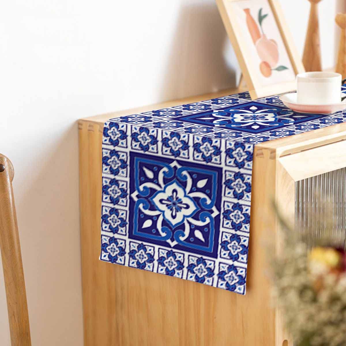 Hosnye Table Runner Blue Portuguese Tile Pattern,Cotton Linen Table Runner Decoration For Kitchen Family Dinner Table Holiday Pa