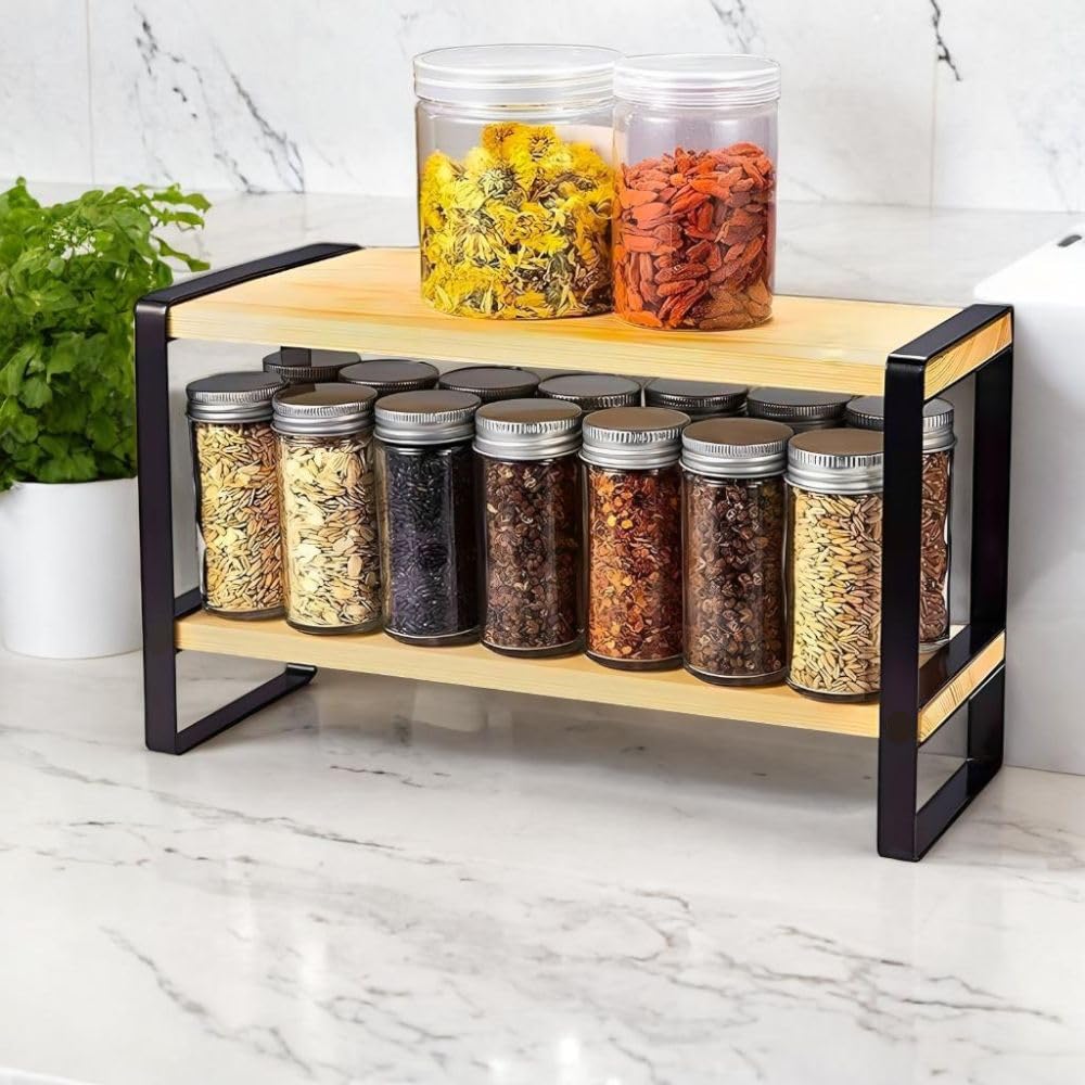 Decorlay Metal & Wooden Spice Rack Organizer Space Saver Step Shelf CounterTop Storage For Kitchen, Tabletop, Floor Standing Ba
