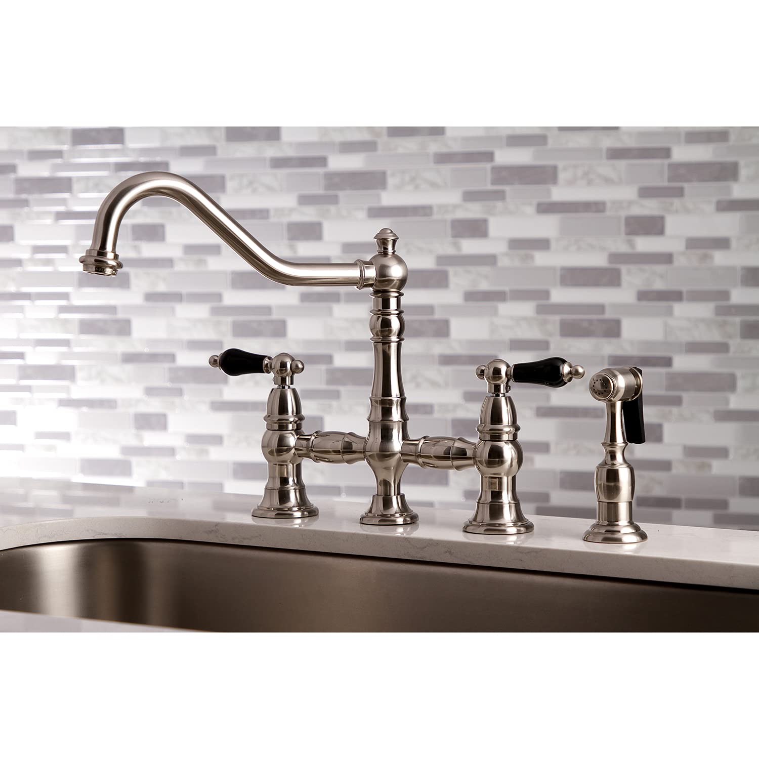 Kingston Brass KS3278PKLBS Duchess Bridge Kitchen Faucet with Brass Sprayer  Brushed Nickel