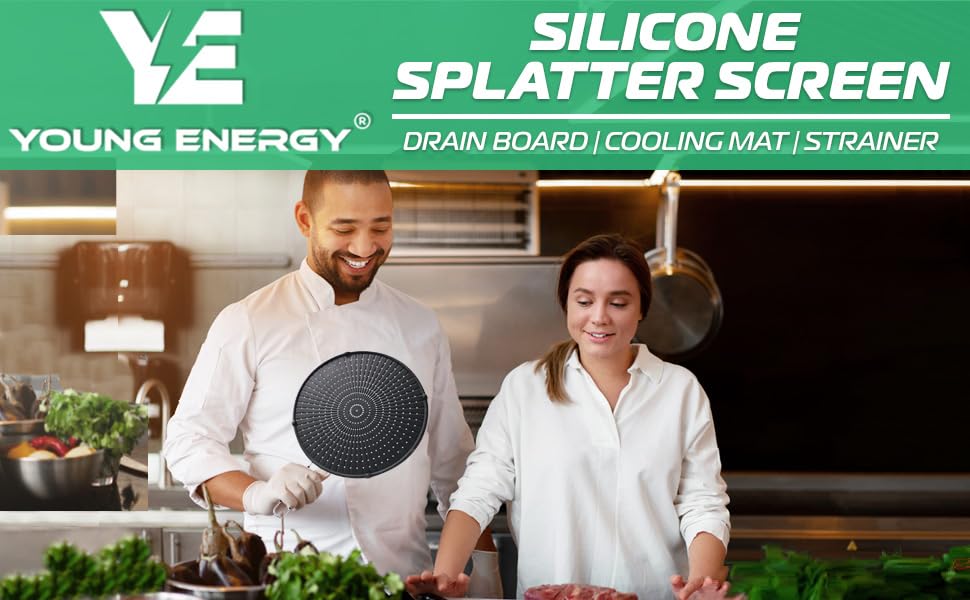 Young Energy Silicone Splatter Screen For Cooking, Frying Pan With Collapsible Oil Funnel, Grease Splatter Guard, Non Stick, Hea