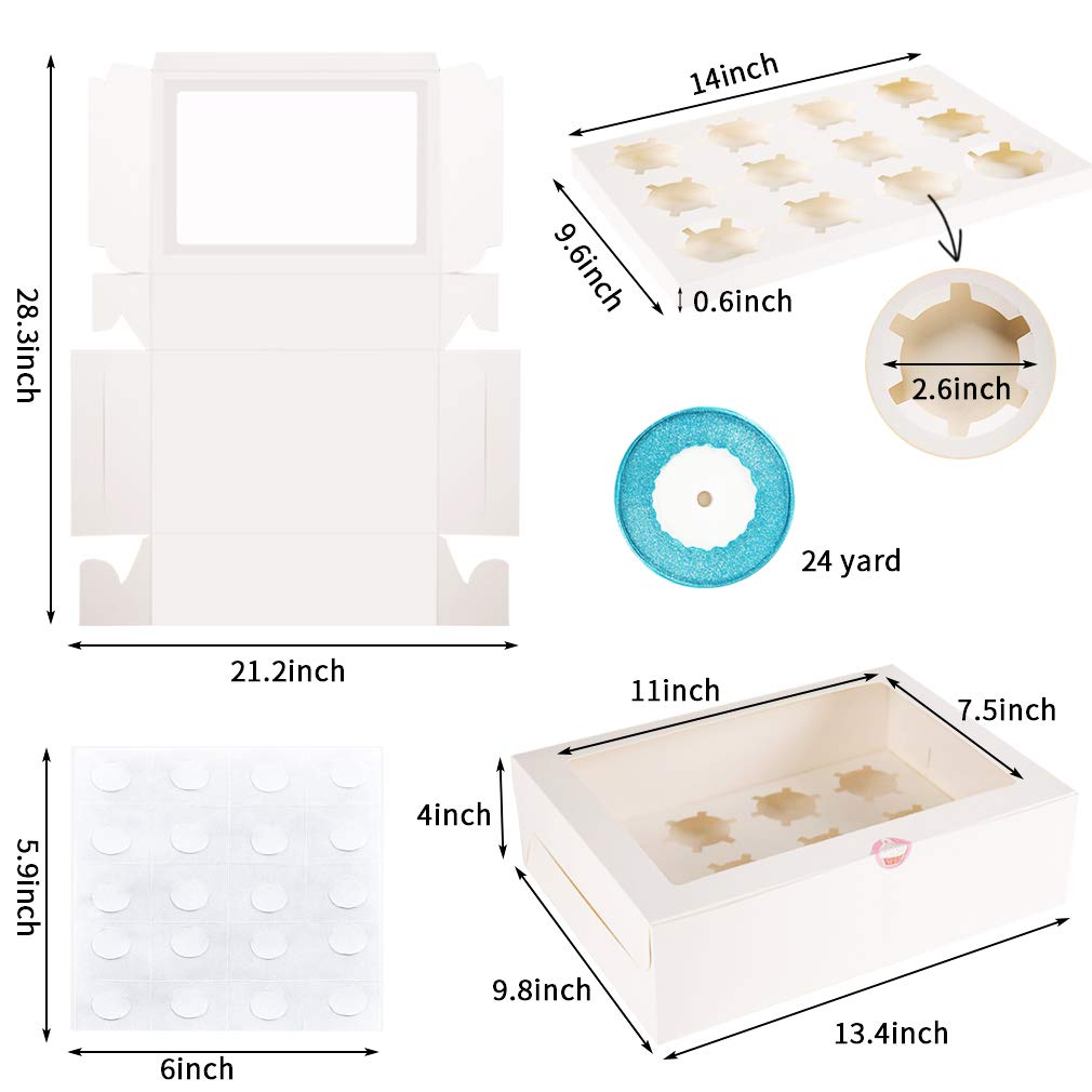 YunKo 15 Pack Dozen Cupcake Boxes White Cupcake Containers with Window Fit 12 Cupcakes or Muffins