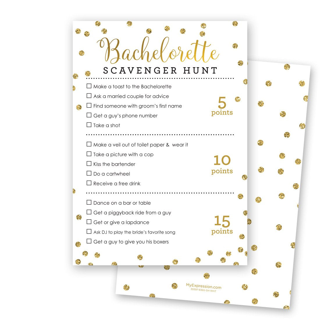 24 Cnt Bachelorette Scavenger Hunt Game (Faux Gold Glitter Foil On White)