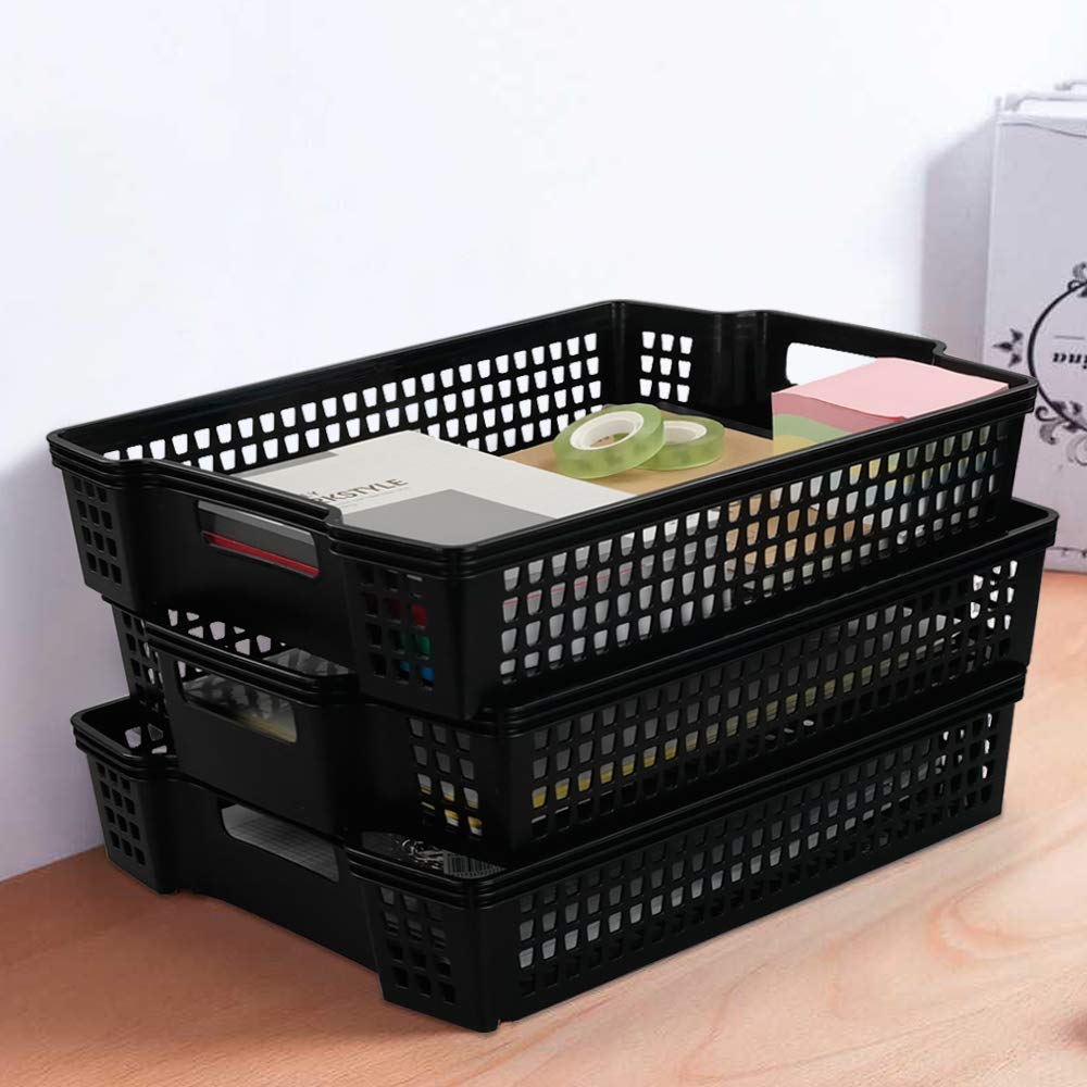 Anbers Black Plastic Storage Baskets, Stackable Office Organizer Trays, 6 Packs