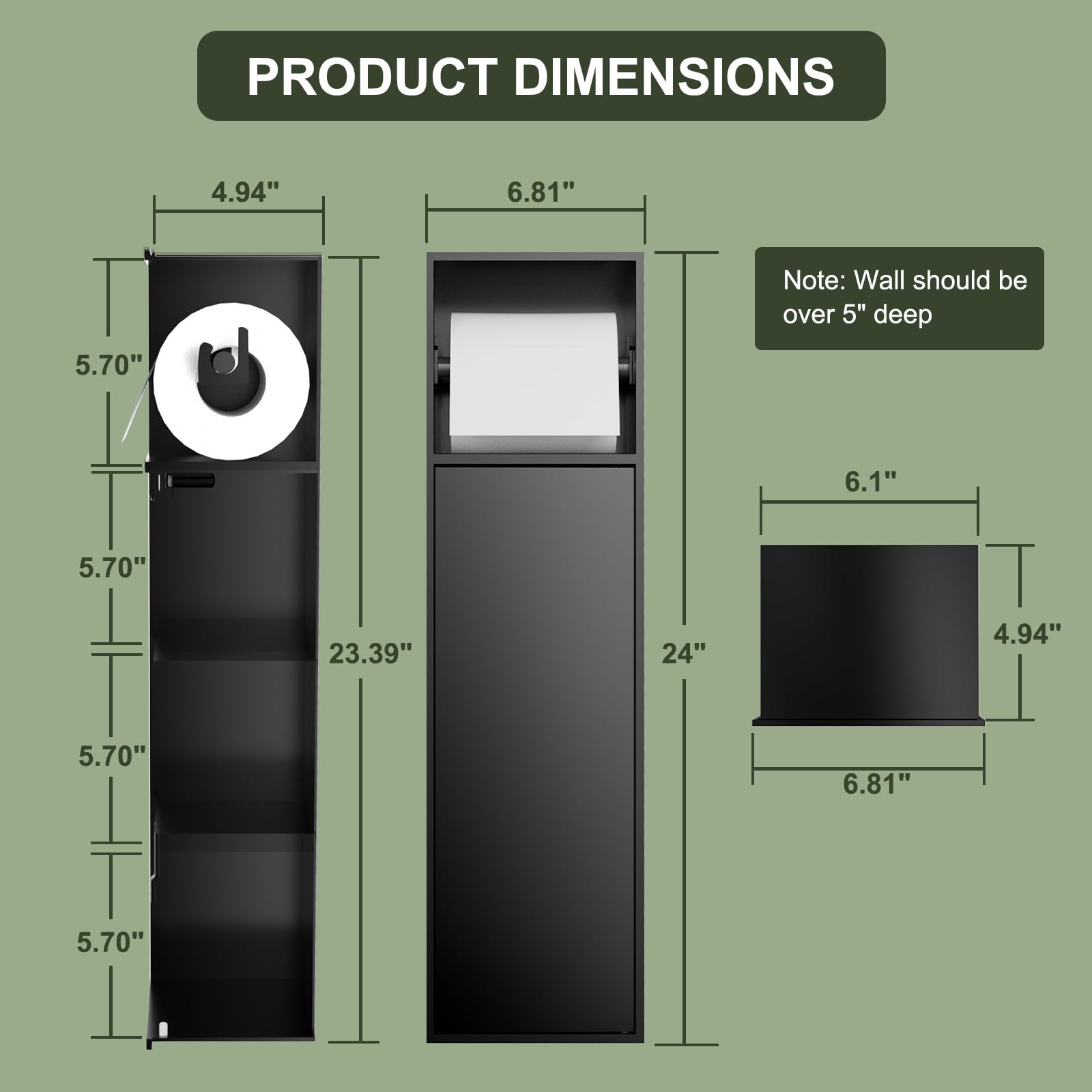 Baronage Black Recessed Toilet Paper Holder With 3 Storage, 24 Inch Toilet Paper Niche Over-Mounted Wall Bathroom Organizer 304