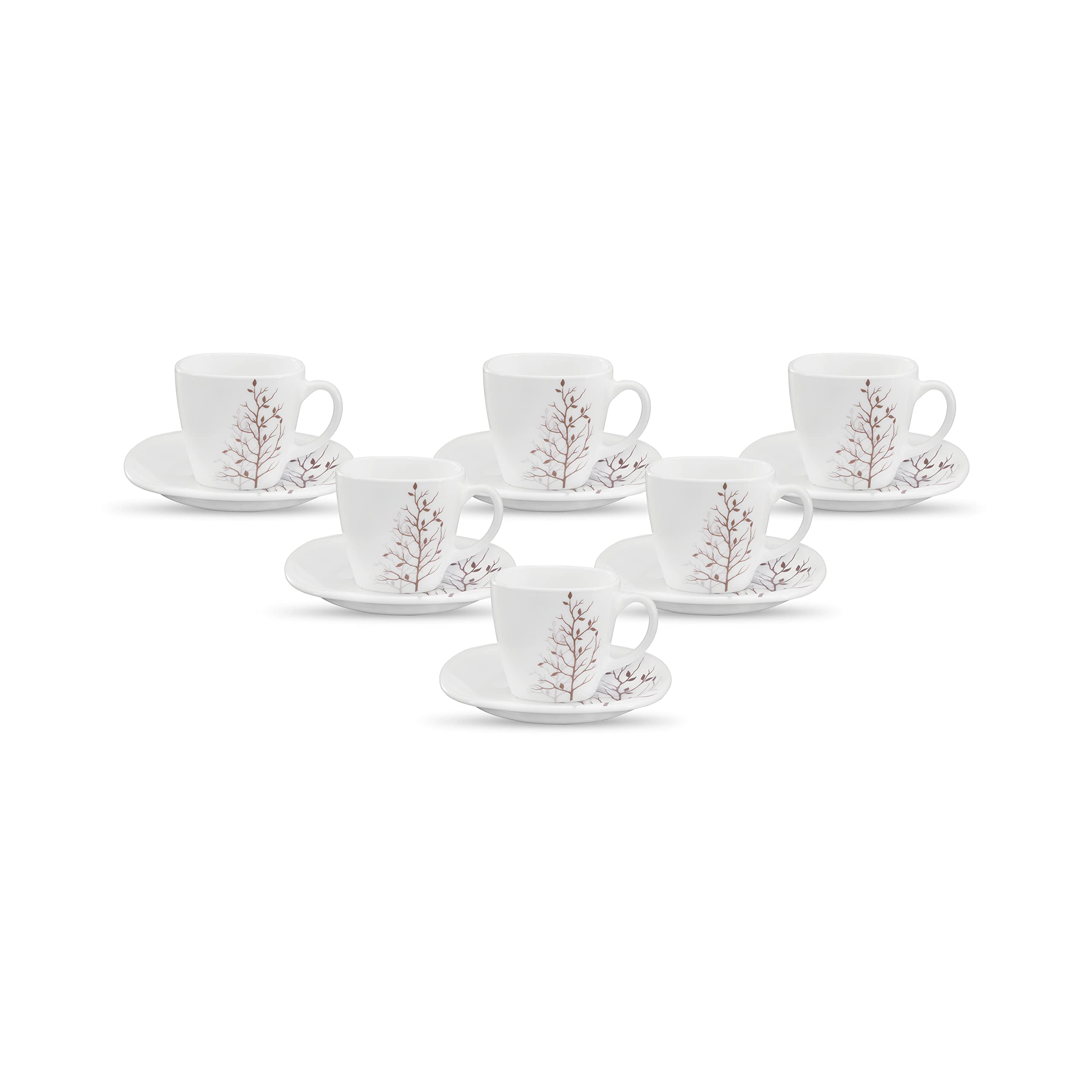 La Opala Diva, Quadra Collection, Opal Glass Cup & Saucer Set 12 Pcs, Autumnal, White