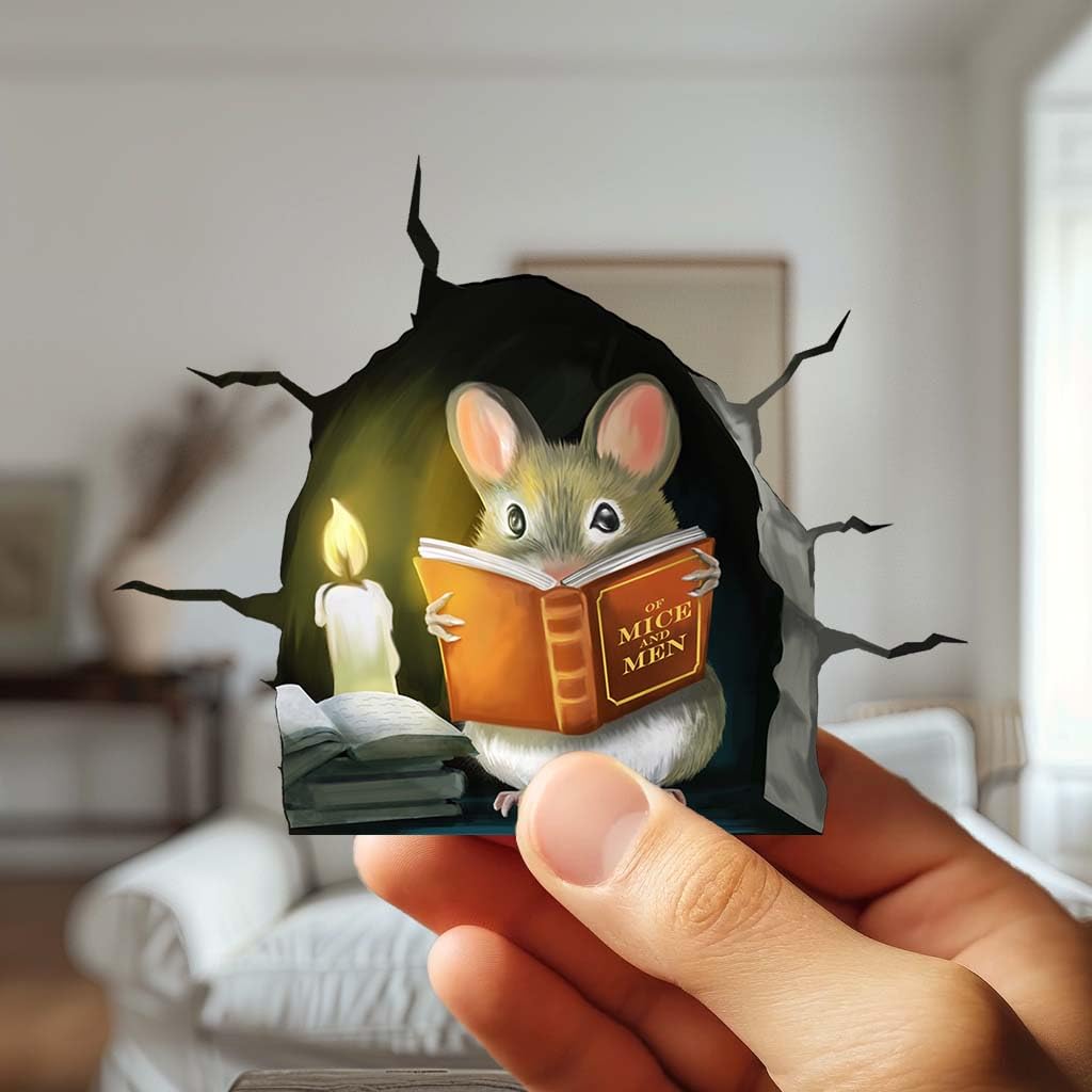 3D Mouse Reading Book In Mouse Hole, Cracked Wall, Decal Sticker, Removable Wall Decor, Book Lover Gift Idea, Baseboard, Wall St