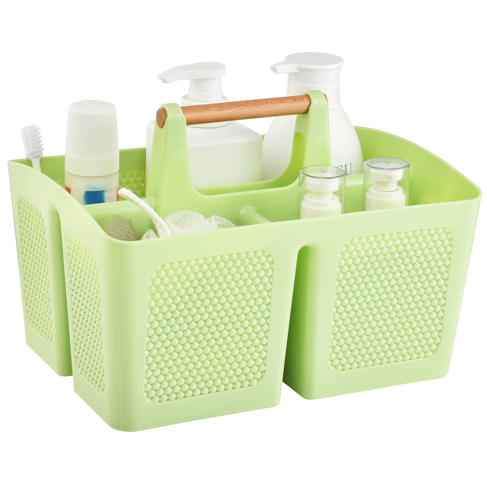 Haundry Plastic Green Shower Caddy Basket with 3 Compartments, Portable Divided Bathroom Cleaning Caddy Organizer Storage Tote w