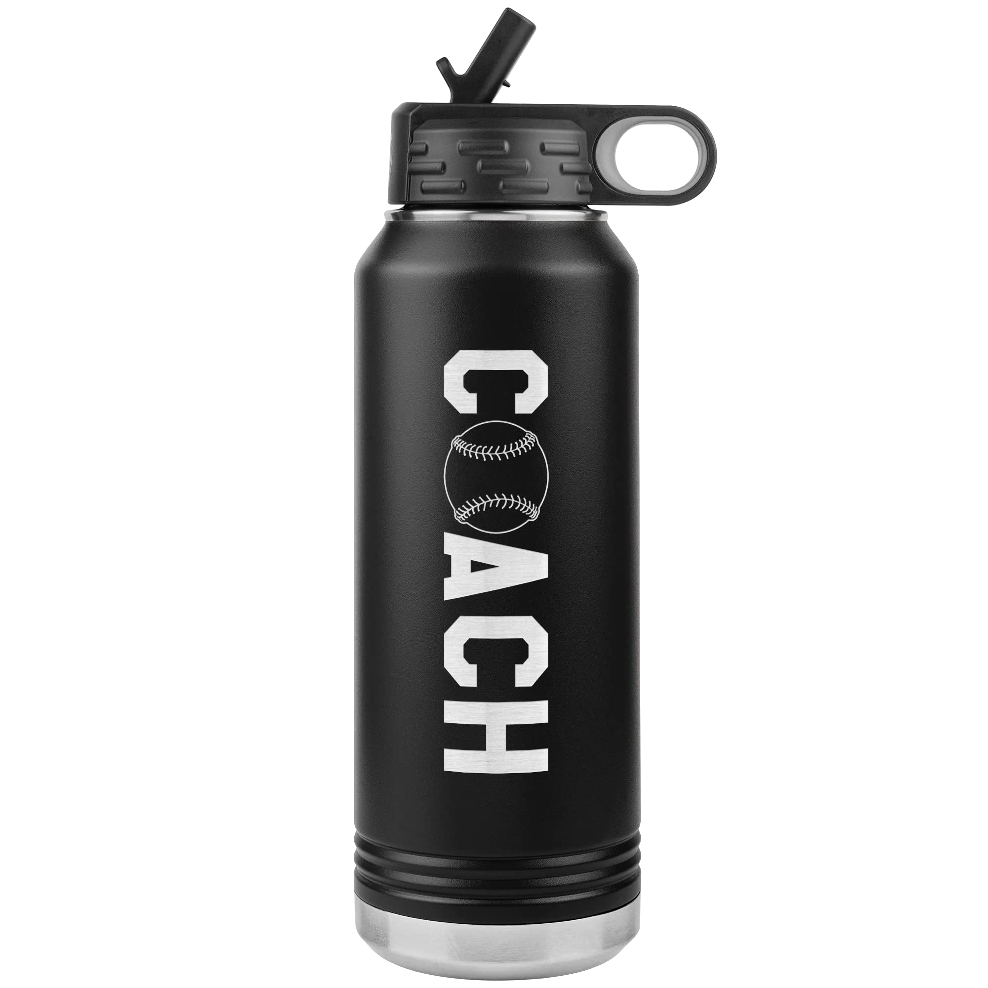 Softball Coach Water Bottle  32oz Insulated Flip Top Straw  Black