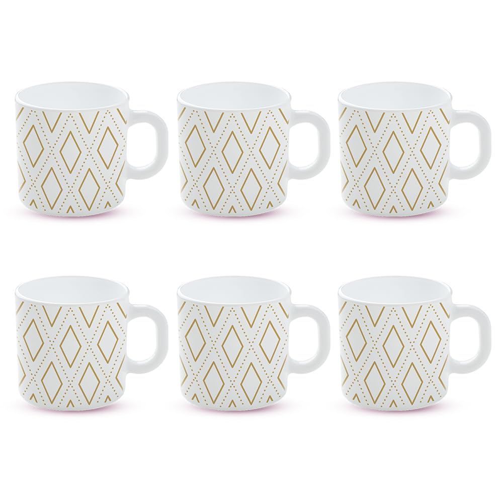 Larah By Borosil Angel Gold Opalware Mug, Set Of 6 Tea/Coffee Mugs, 180 Ml Each, Microwave & Dishwasher Safe, Bone-Ash Free, Cro