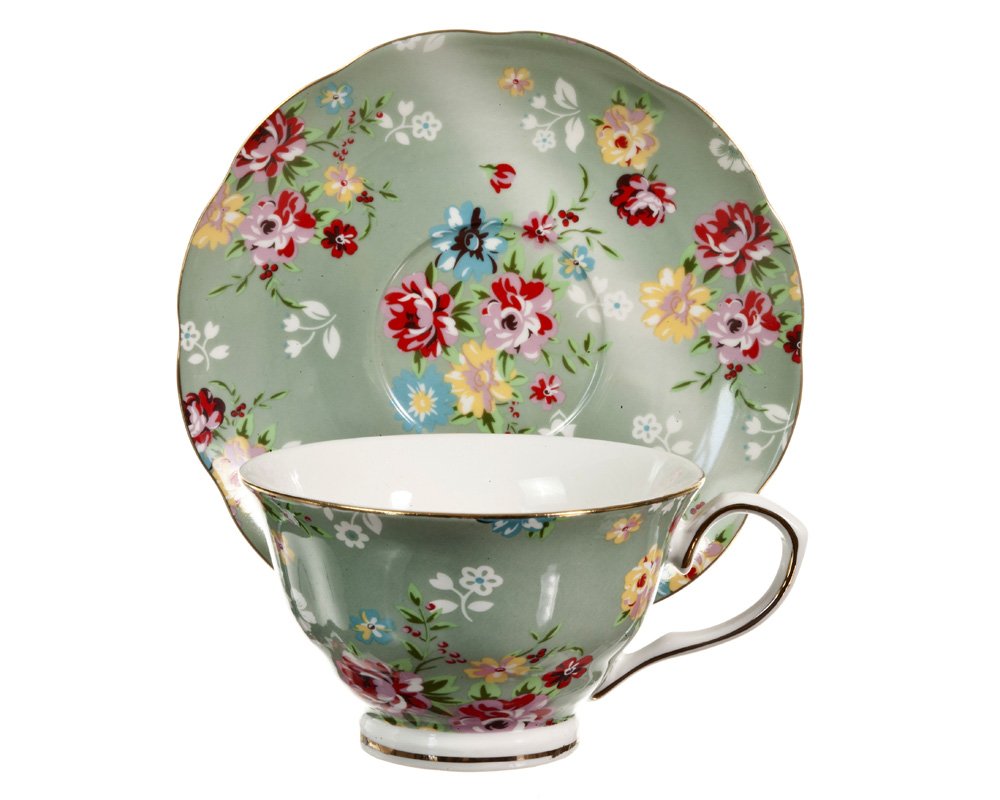 Gracie China Shabby Rose Porcelain 7-Ounce Tea Cup And Saucer Set Of 4, Shabby Rose Green