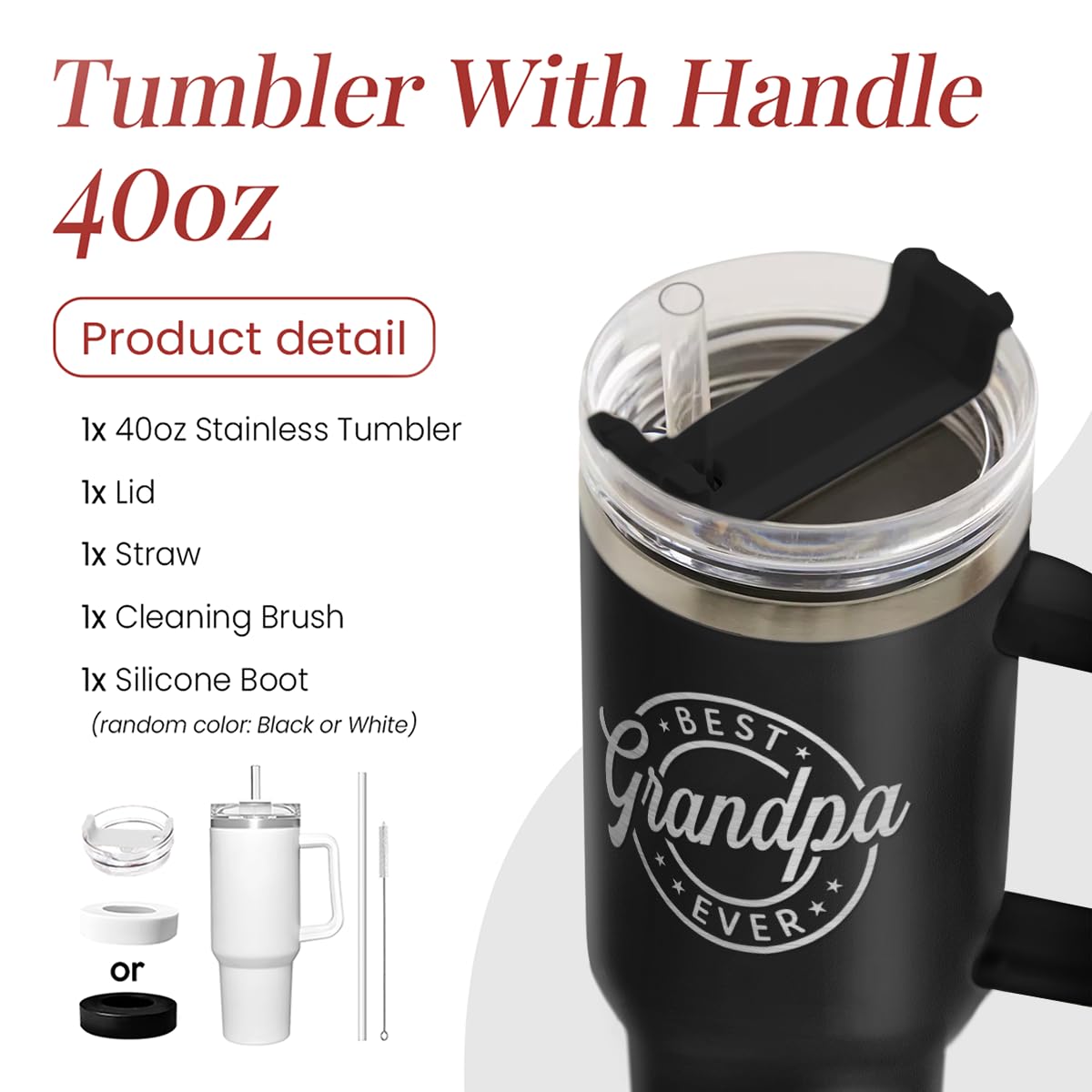 SANDJEST Best Grandpa Ever Tumbler with Handle 40oz, Grandfather Gifts for Birthday Christmas Fathers Day Valentines, Presents f