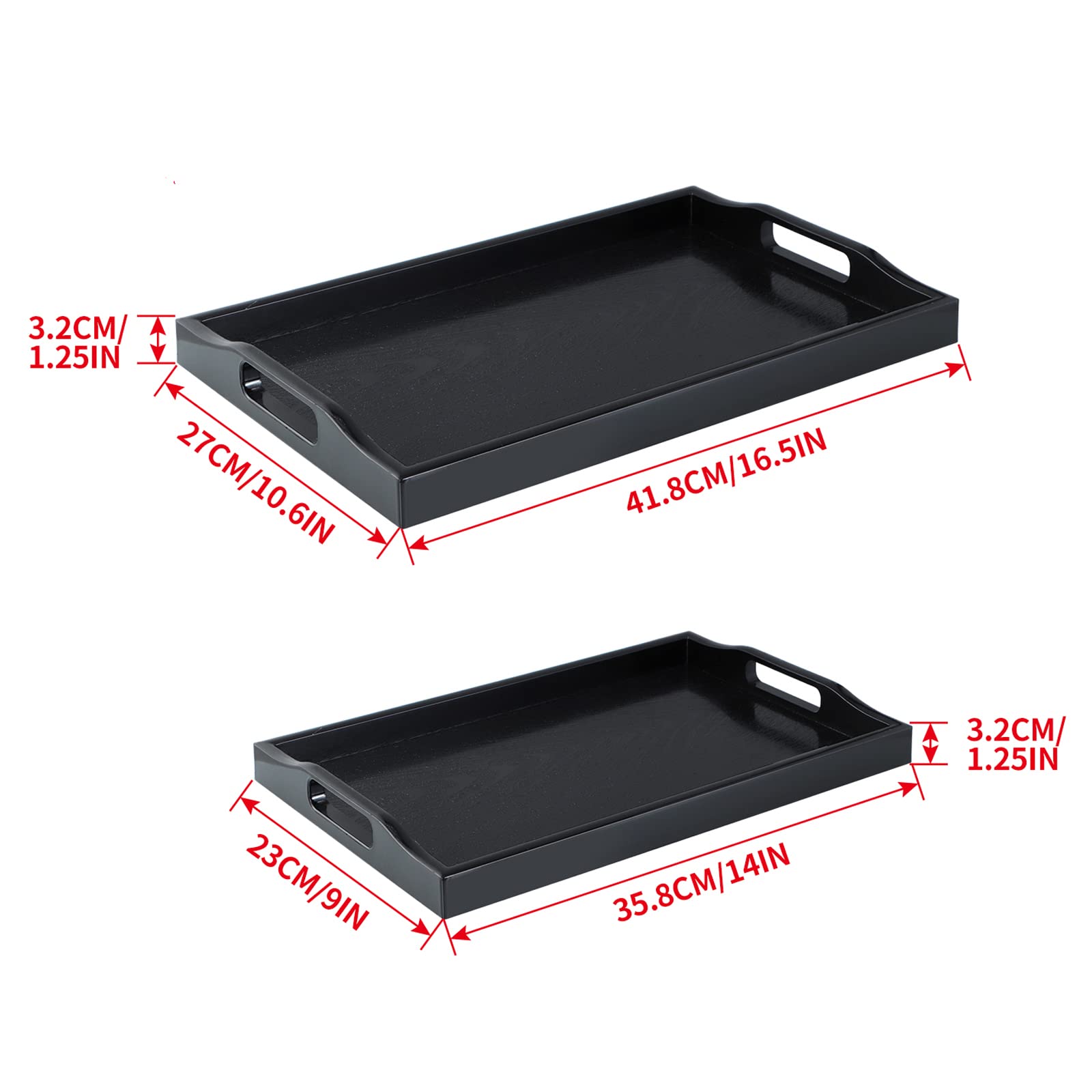 Mdluu Set Of 2 Plastic Serving Tray, Ottoman Tray With Cutout Handles, Rectangle Butler Tray For Breakfast In Bed, Coffee Table,