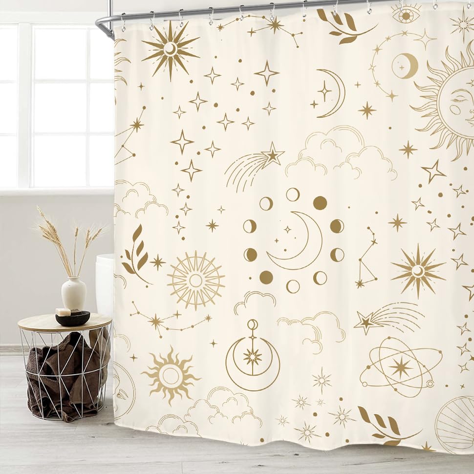 Miyotaa Moon Phase Celestial Shower Curtain Set 60Wx71H Inches Mysterious Constellation Astrology Beige Crescent Tarot Witchy Po