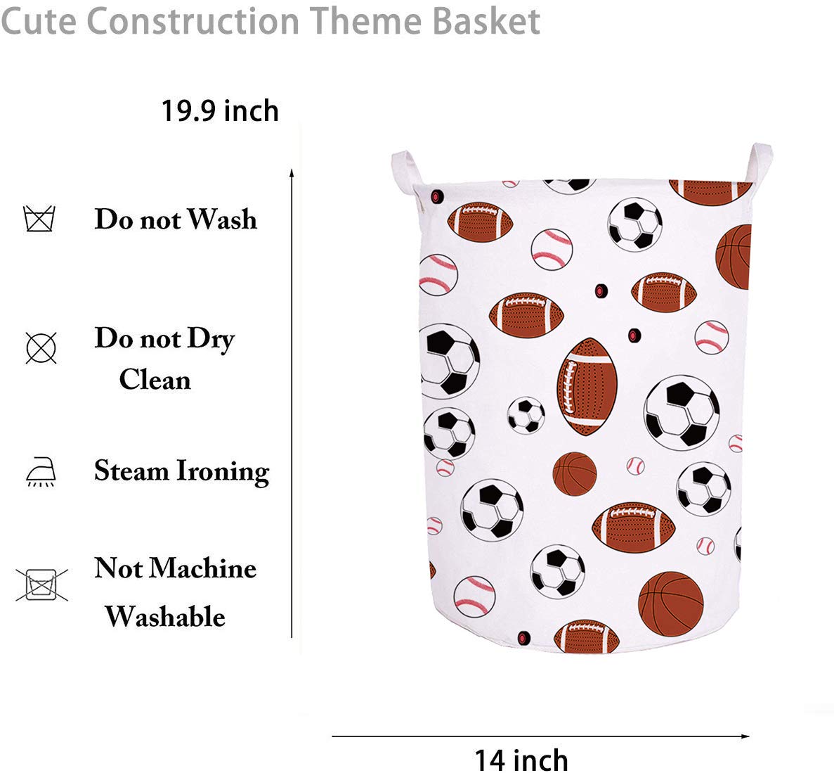 Runtoo 19.7'' Large Sized Laundry Hamper Waterproof Foldable Canvas Sports Basketball Football Bucket Clothing Basket With Handl