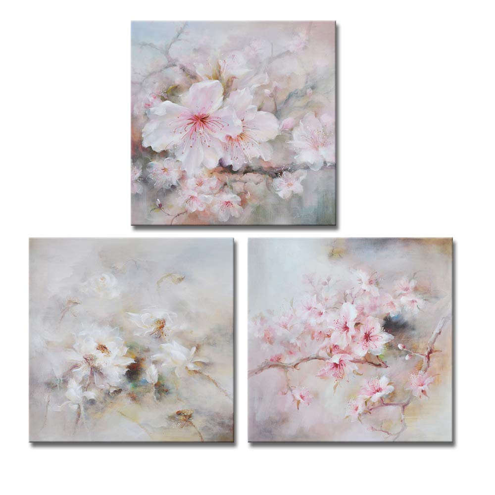 DekHome 3 Pieces Cherry Blossoms in Spring Picture Prints Elegant Pink Flowers Wall Art Abstract Floral Paintings on Canvas for 